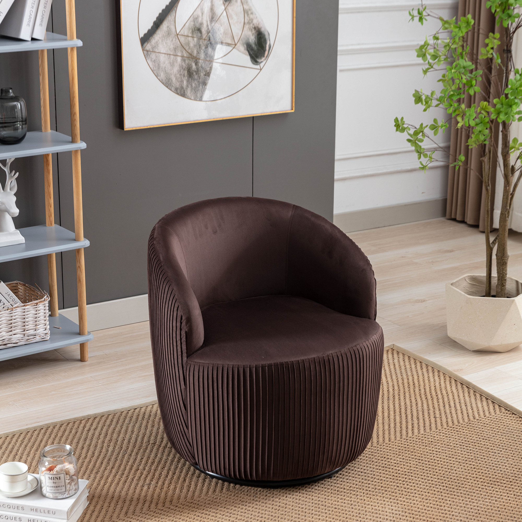Velvet Fabric Swivel Accent Armchair Barrel Chair With Black Metal Ring- Chocolate_8