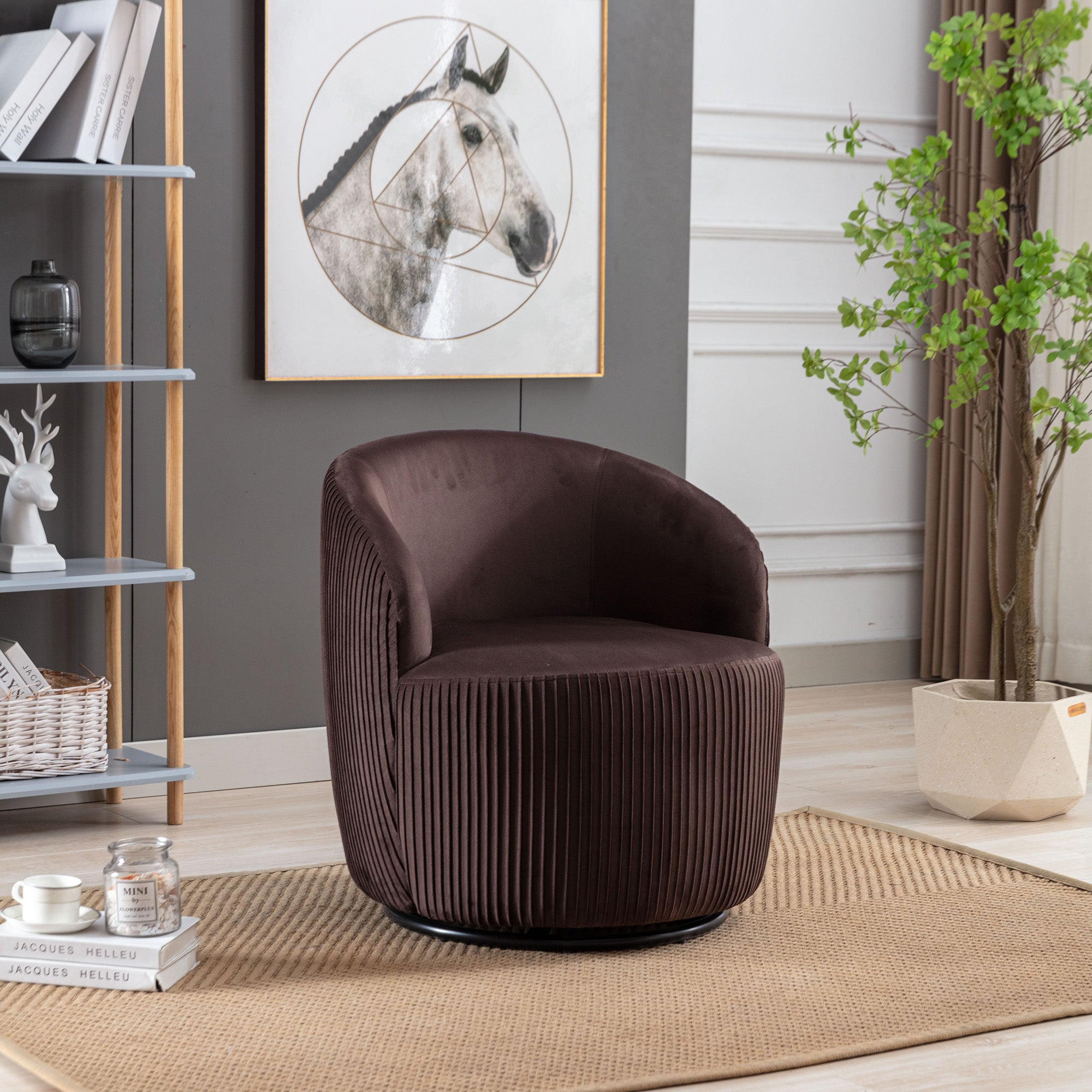 Velvet Fabric Swivel Accent Armchair Barrel Chair With Black Metal Ring- Chocolate_9