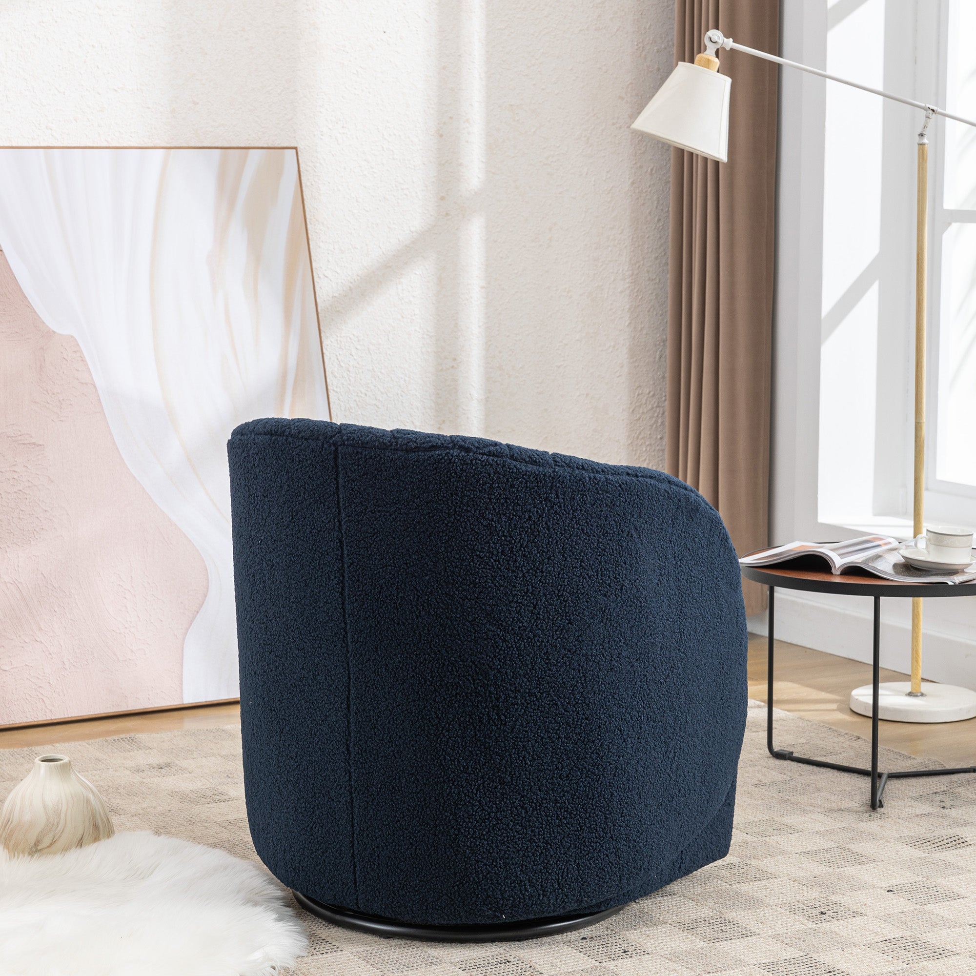 Modern Upholstered Teddy Fabric Curved Back Swivel Chair Accent Barrel Chair- Blue_2