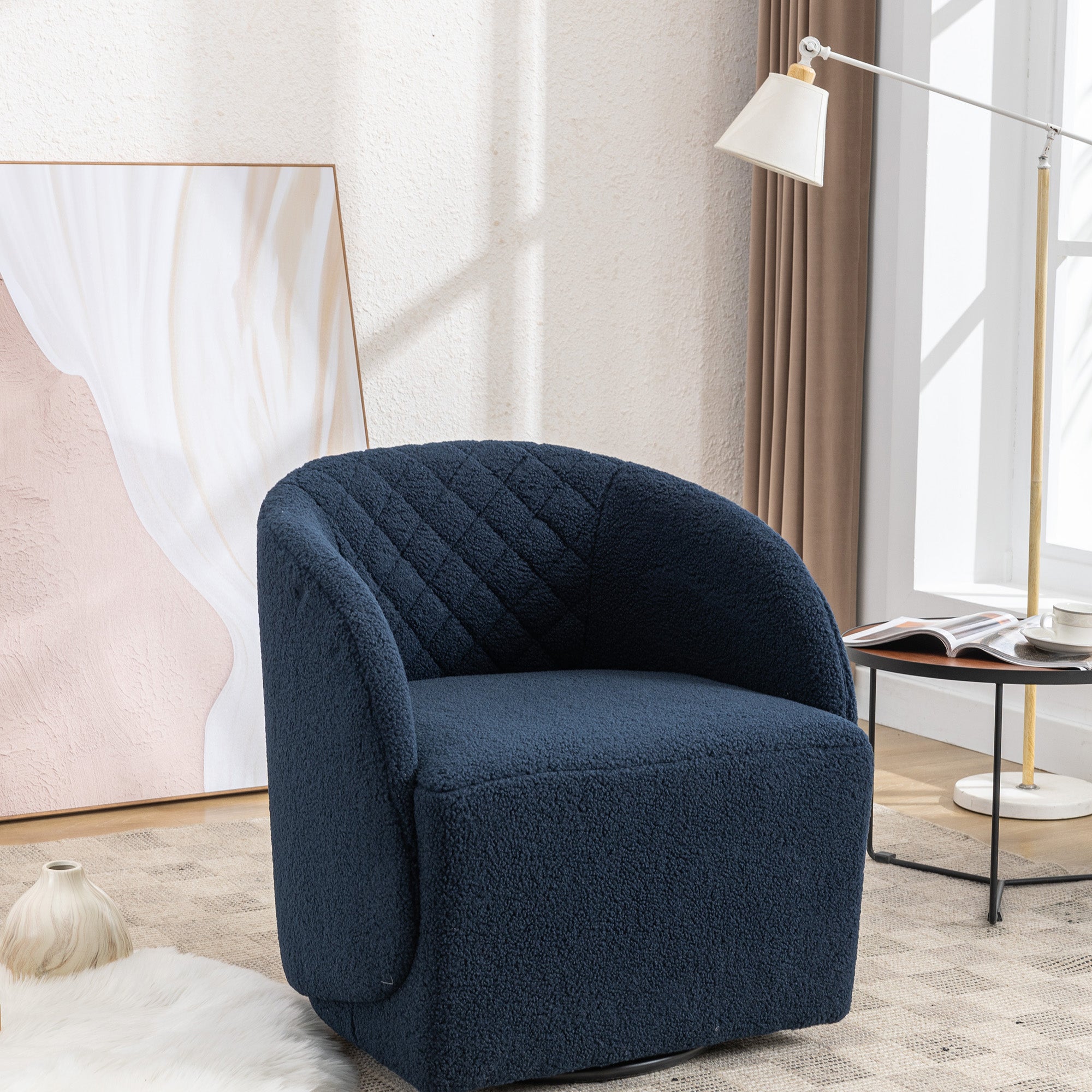 Modern Upholstered Teddy Fabric Curved Back Swivel Chair Accent Barrel Chair- Blue_4