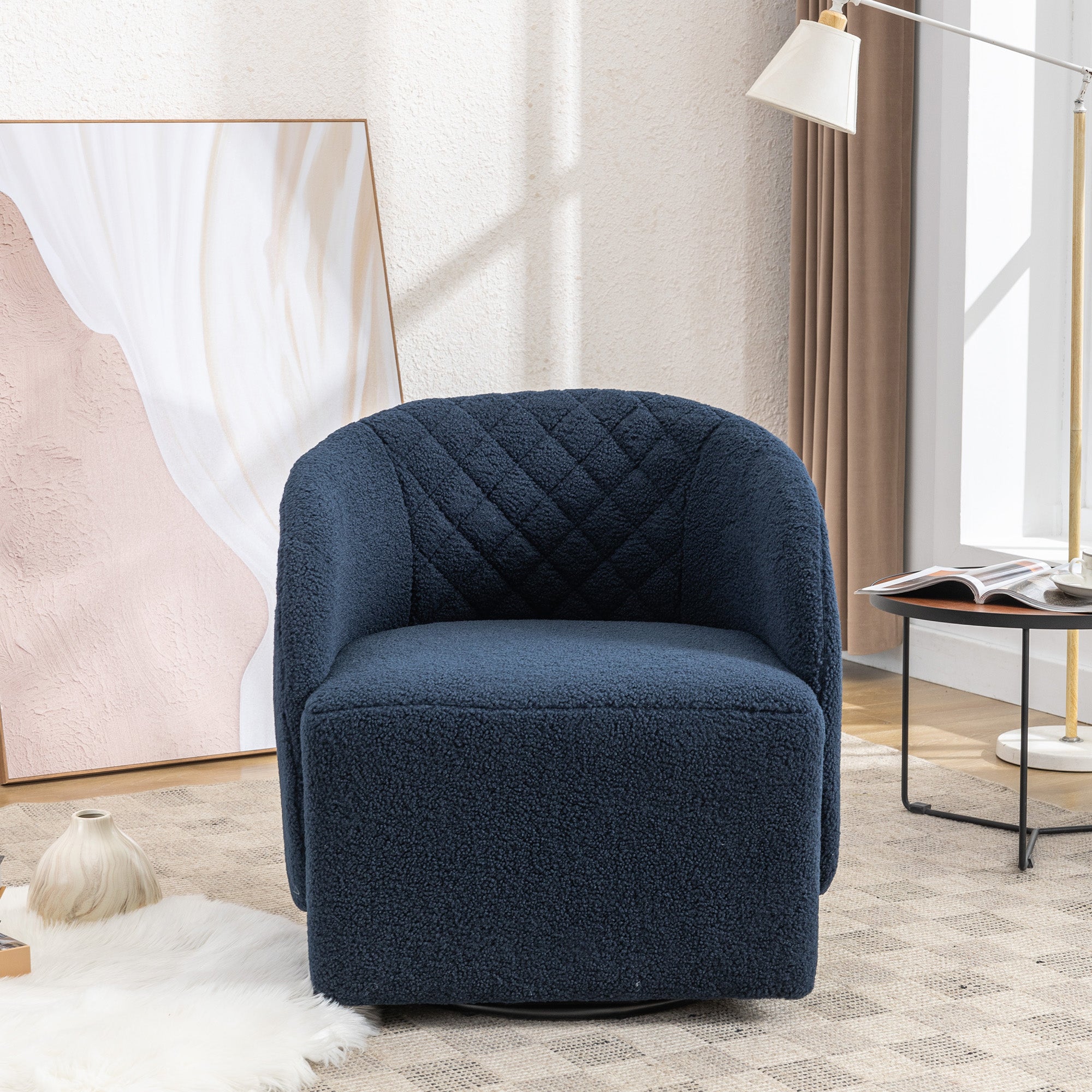 Modern Upholstered Teddy Fabric Curved Back Swivel Chair Accent Barrel Chair- Blue_5