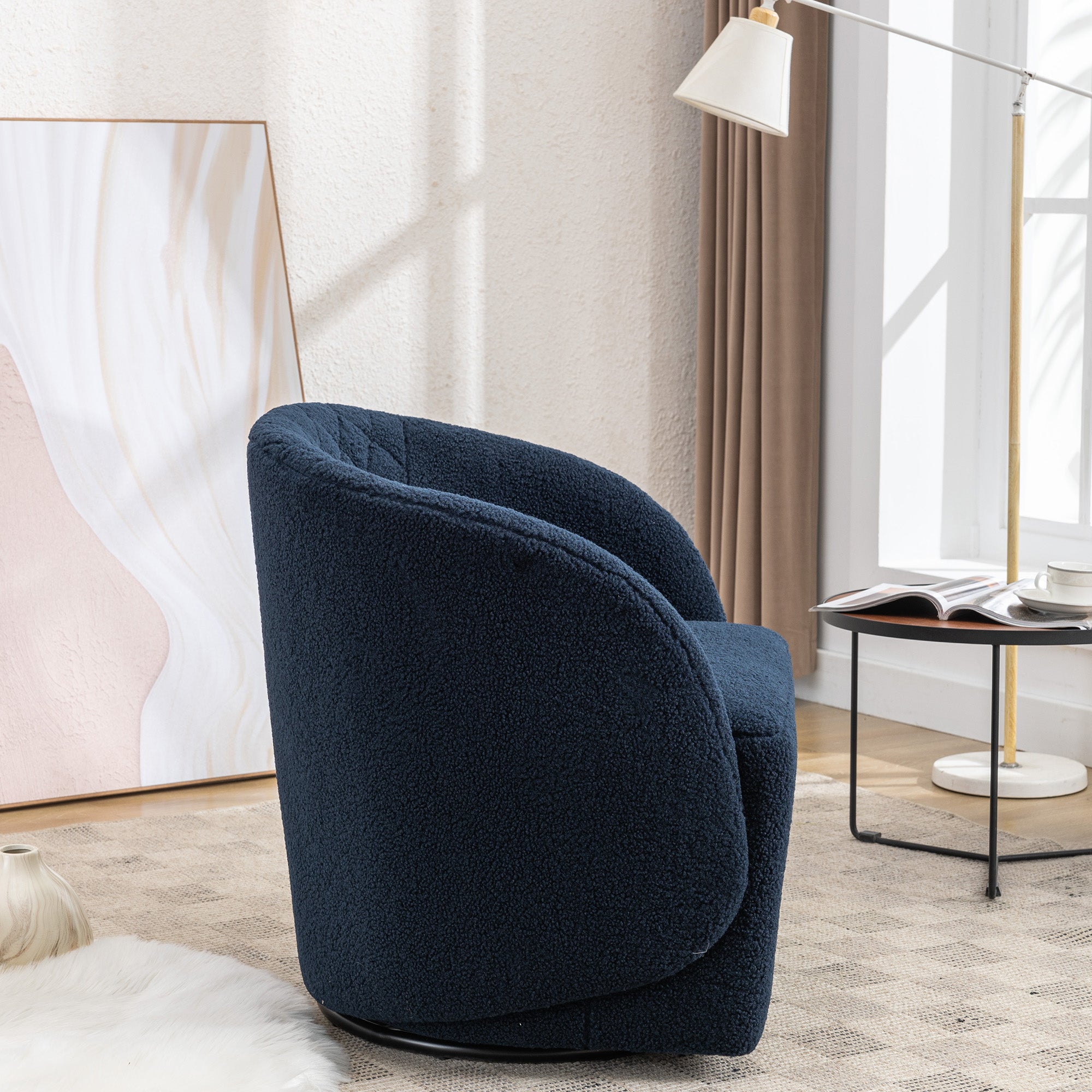 Modern Upholstered Teddy Fabric Curved Back Swivel Chair Accent Barrel Chair- Blue_7