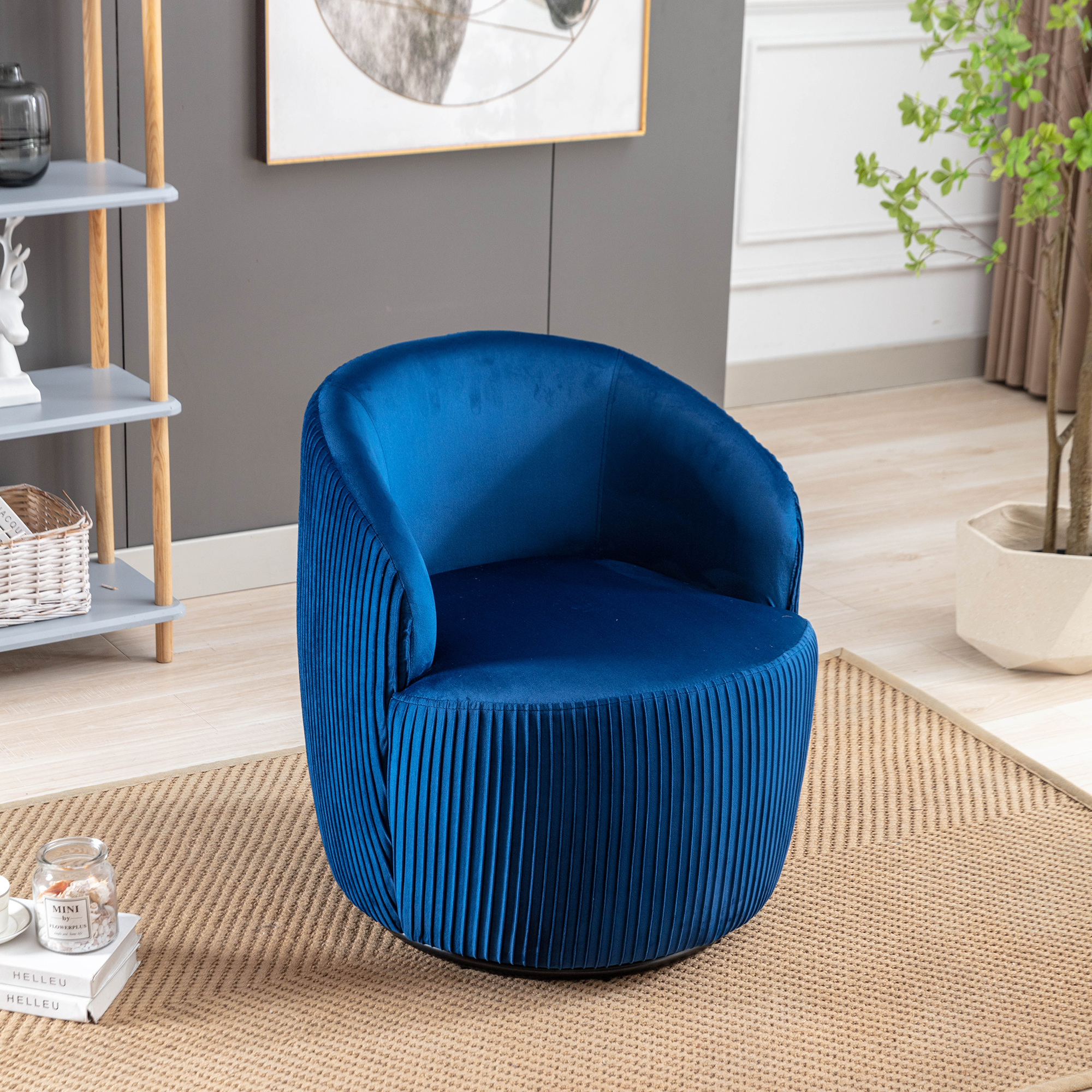 Velvet Fabric Swivel Accent Armchair Barrel Chair With Black Metal Ring- Dark Blue_2