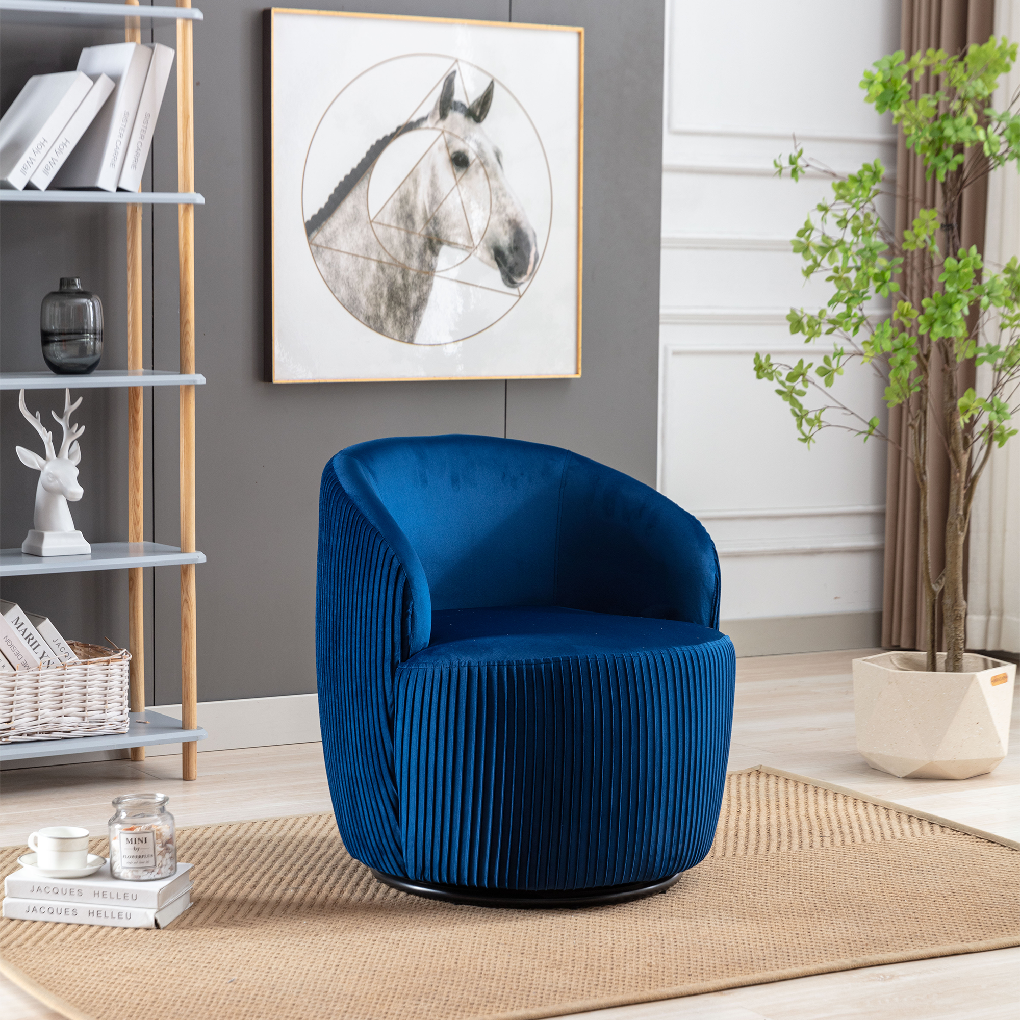 Velvet Fabric Swivel Accent Armchair Barrel Chair With Black Metal Ring- Dark Blue_7