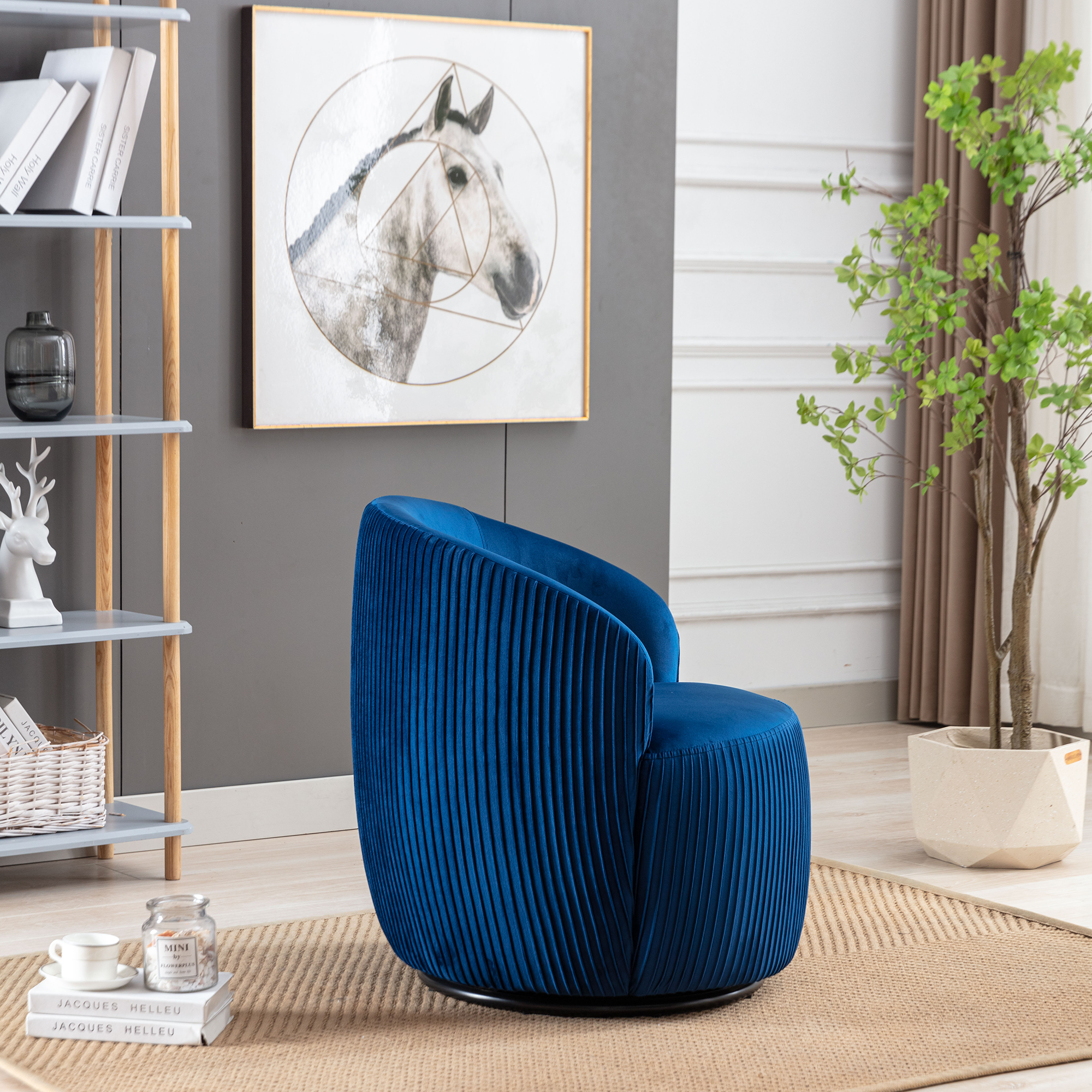 Velvet Fabric Swivel Accent Armchair Barrel Chair With Black Metal Ring- Dark Blue_11