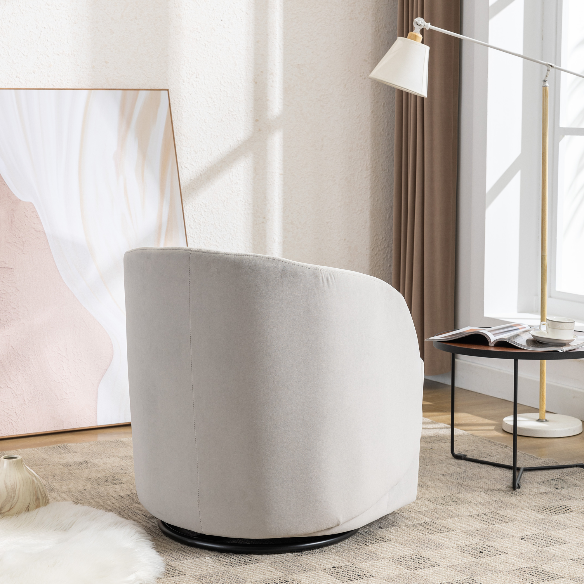 Modern Upholstered Velvet Fabric Curved Back Swivel Chair Accent Barrel Chair- Gray_2