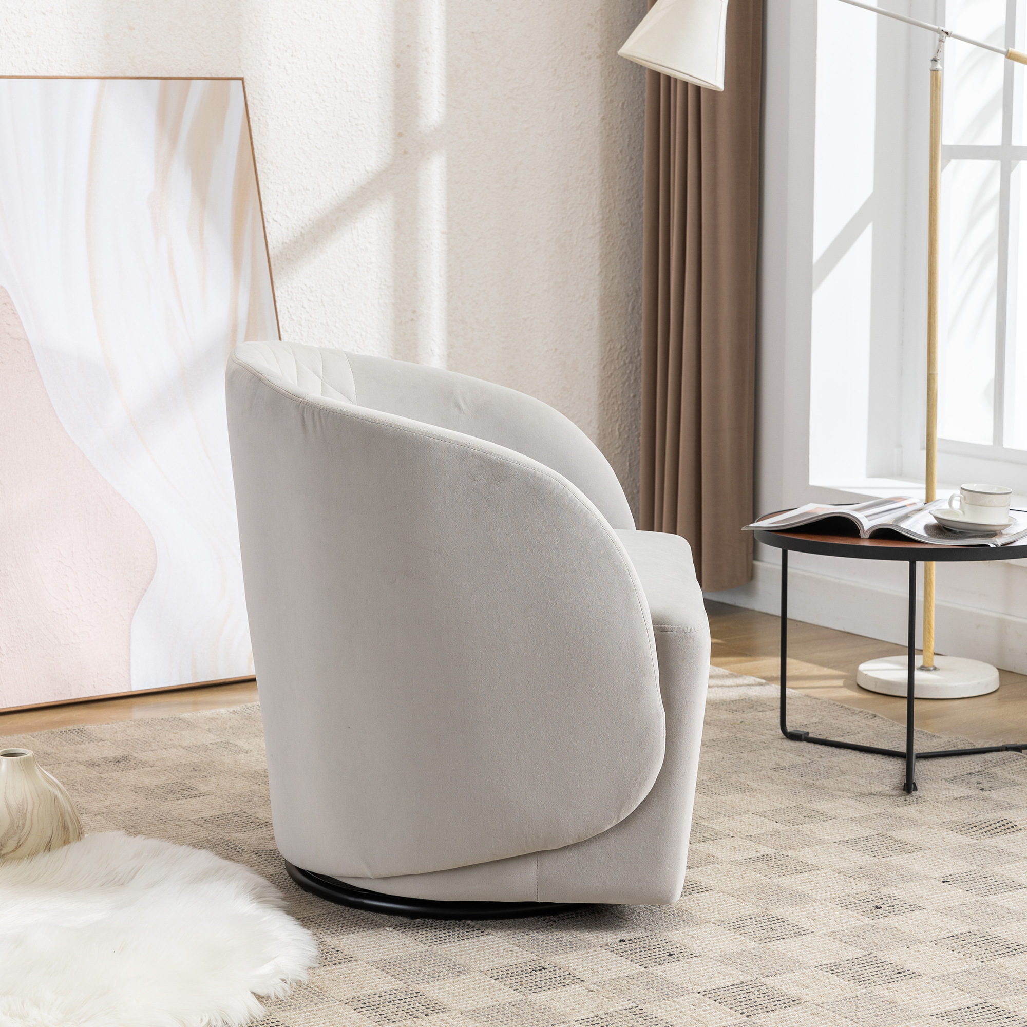 Modern Upholstered Velvet Fabric Curved Back Swivel Chair Accent Barrel Chair- Gray_3