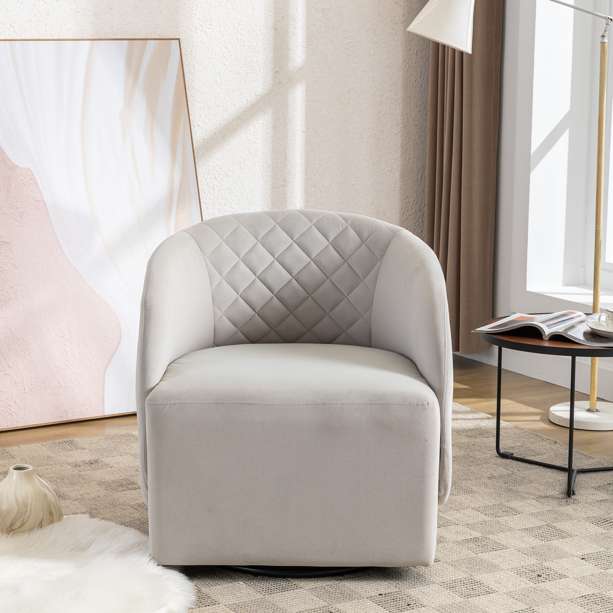 Modern Upholstered Velvet Fabric Curved Back Swivel Chair Accent Barrel Chair- Gray_5