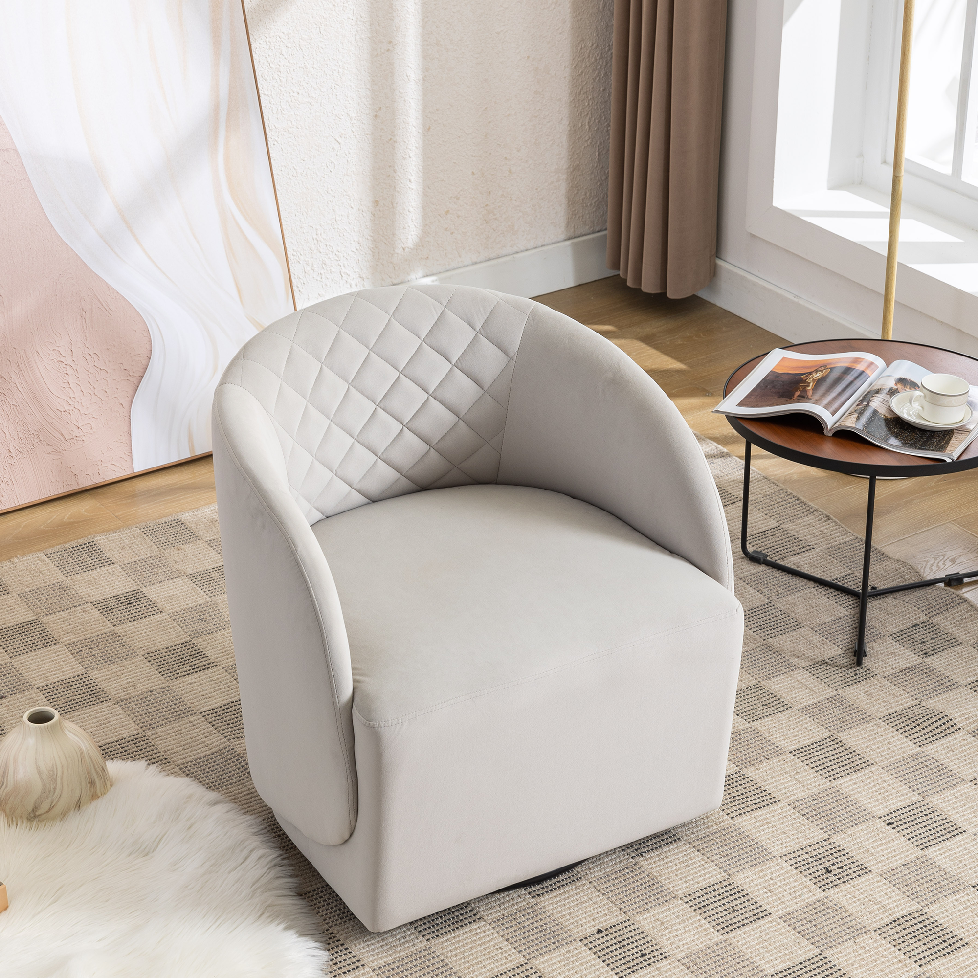 Modern Upholstered Velvet Fabric Curved Back Swivel Chair Accent Barrel Chair- Gray_6