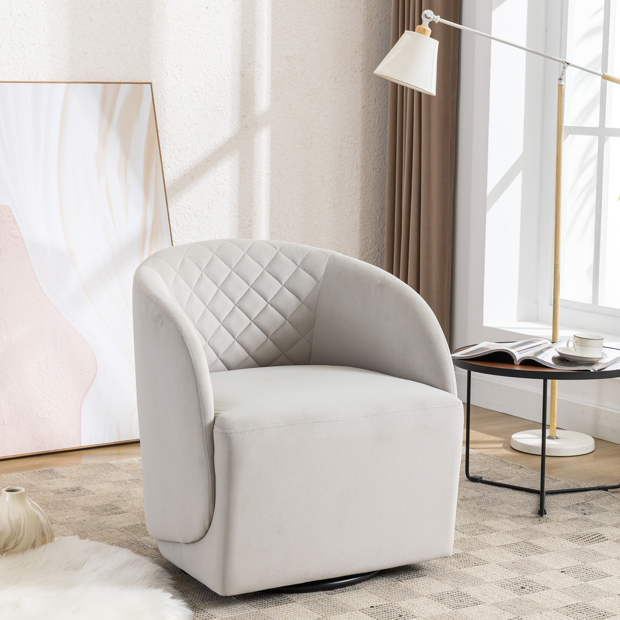 Modern Upholstered Velvet Fabric Curved Back Swivel Chair Accent Barrel Chair- Gray_7