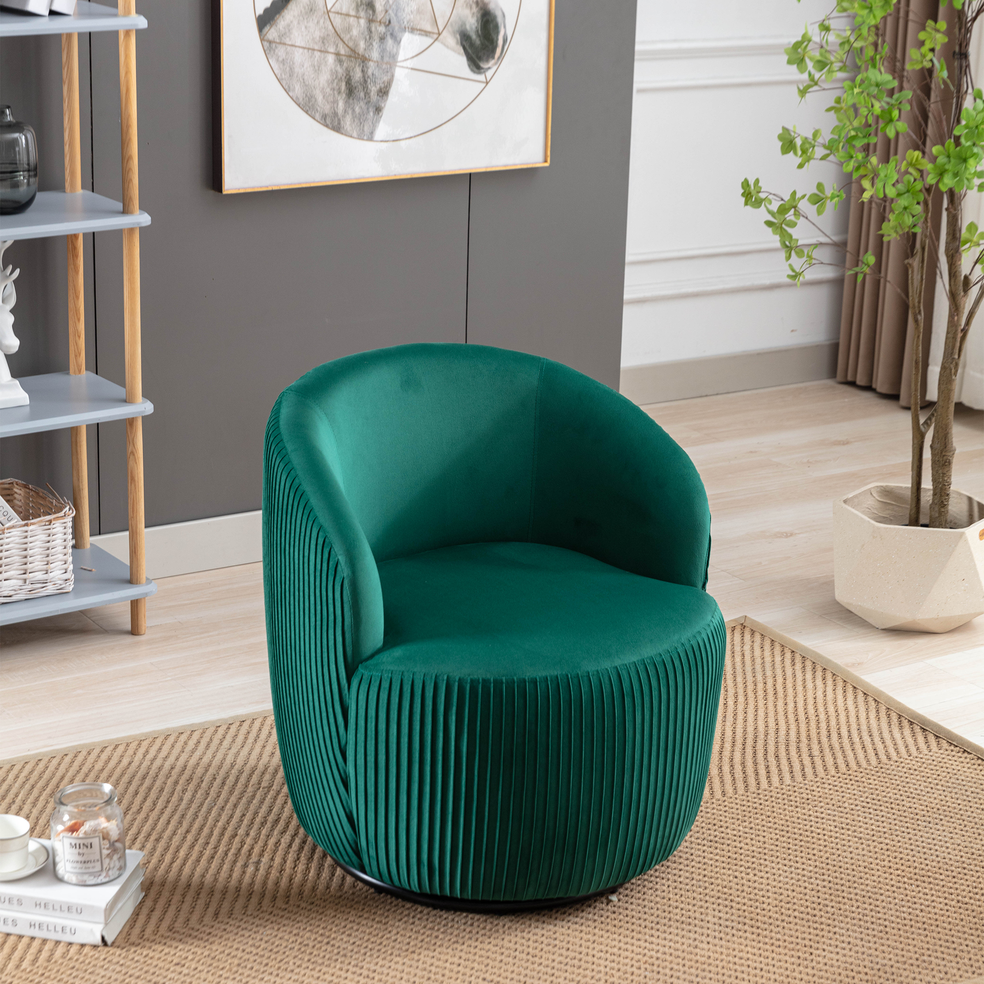 Velvet Fabric Swivel Accent Armchair Barrel Chair With Black Metal Ring- Green_7