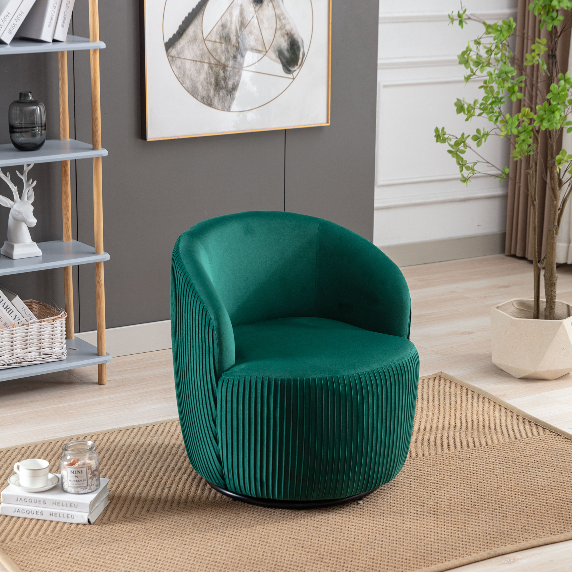 Velvet Fabric Swivel Accent Armchair Barrel Chair With Black Metal Ring- Green_9