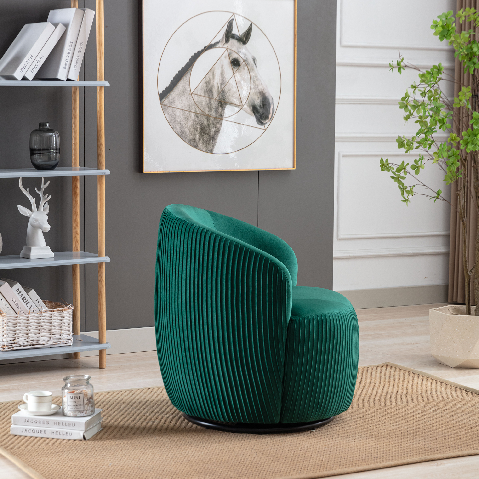 Velvet Fabric Swivel Accent Armchair Barrel Chair With Black Metal Ring- Green_10