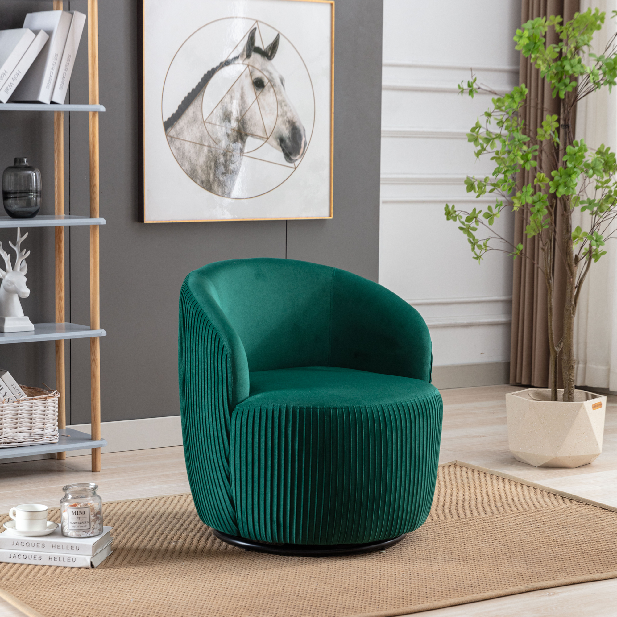 Velvet Fabric Swivel Accent Armchair Barrel Chair With Black Metal Ring- Green_11