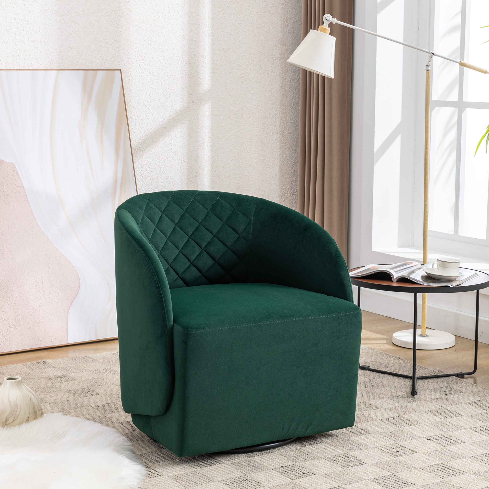 Modern Upholstered Velvet Fabric Curved Back Swivel Chair Accent Barrel Chair- Green_4