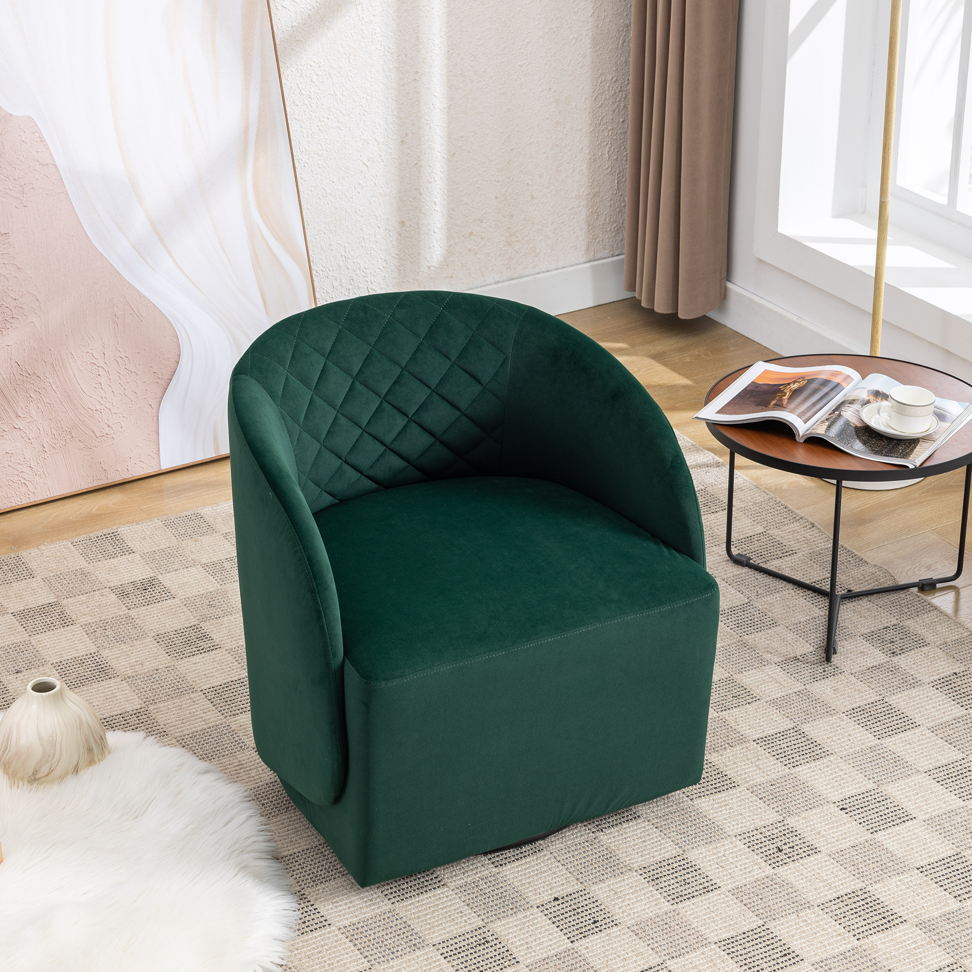 Modern Upholstered Velvet Fabric Curved Back Swivel Chair Accent Barrel Chair- Green_5
