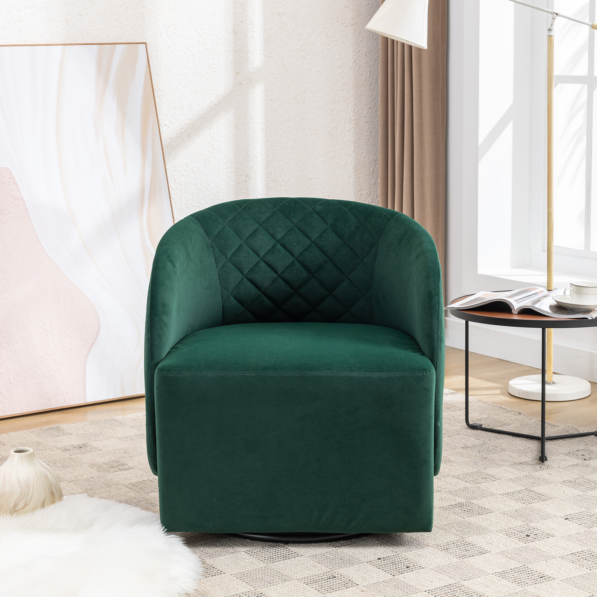 Modern Upholstered Velvet Fabric Curved Back Swivel Chair Accent Barrel Chair- Green_6