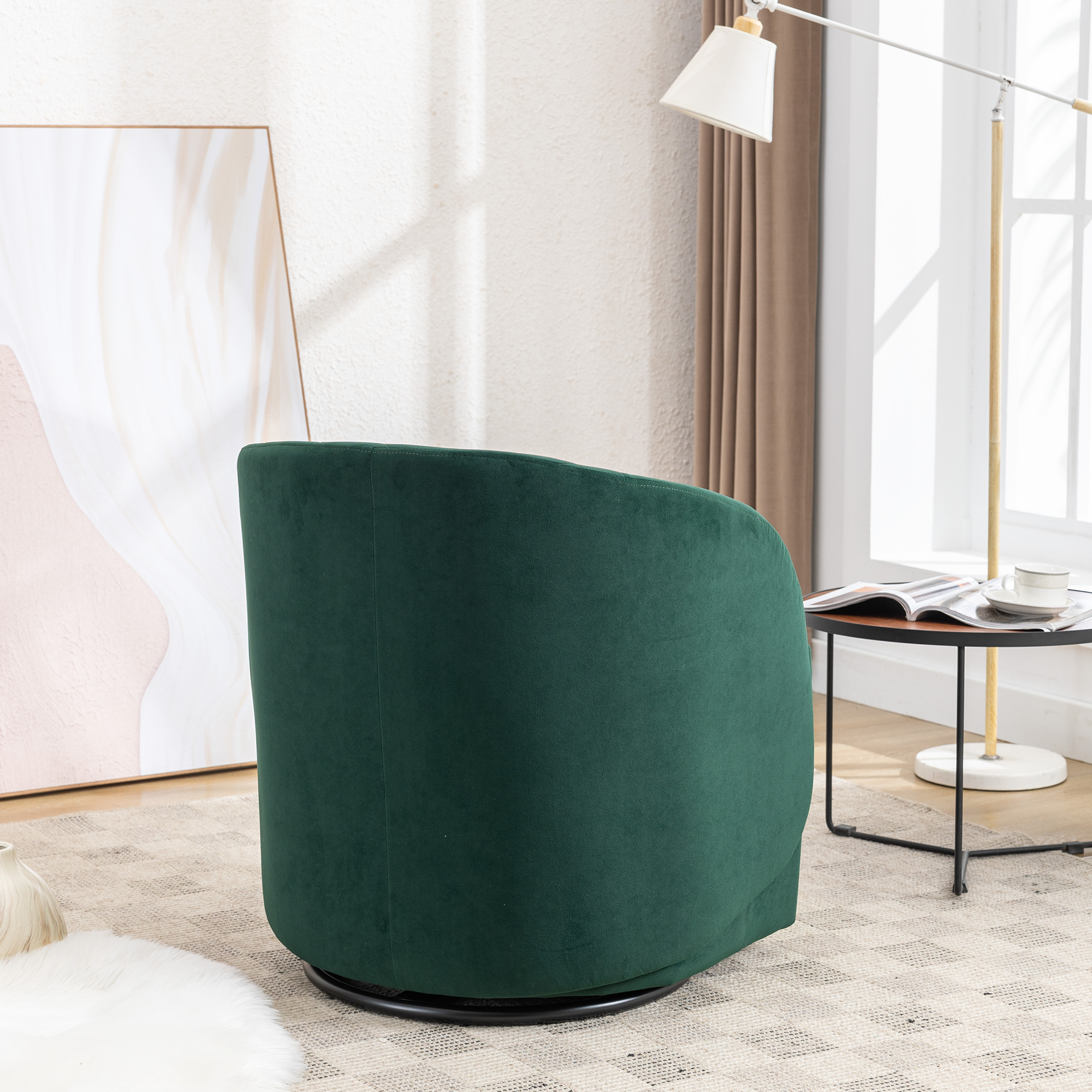 Modern Upholstered Velvet Fabric Curved Back Swivel Chair Accent Barrel Chair- Green_7