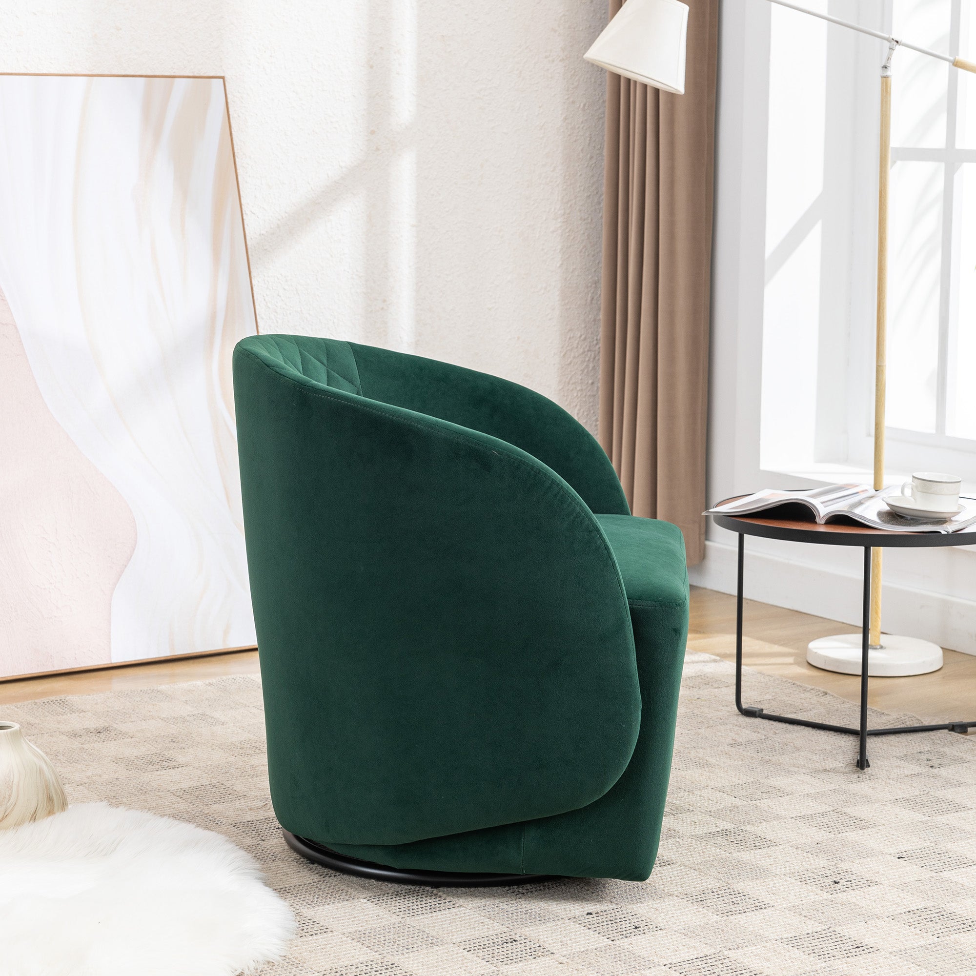 Modern Upholstered Velvet Fabric Curved Back Swivel Chair Accent Barrel Chair- Green_10