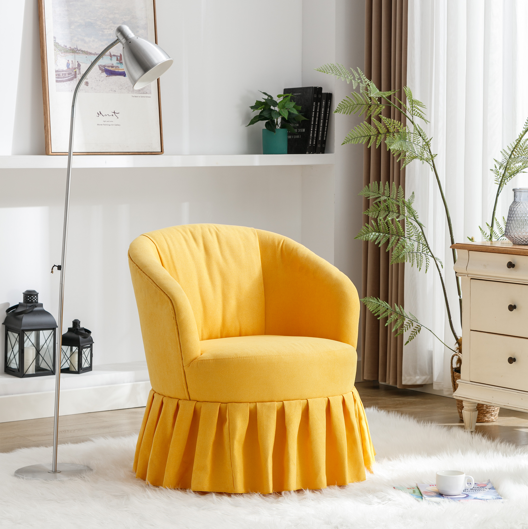 Linen Fabric Accent Swivel Chair Auditorium Chair With Pleated Skirt- Yellow_1