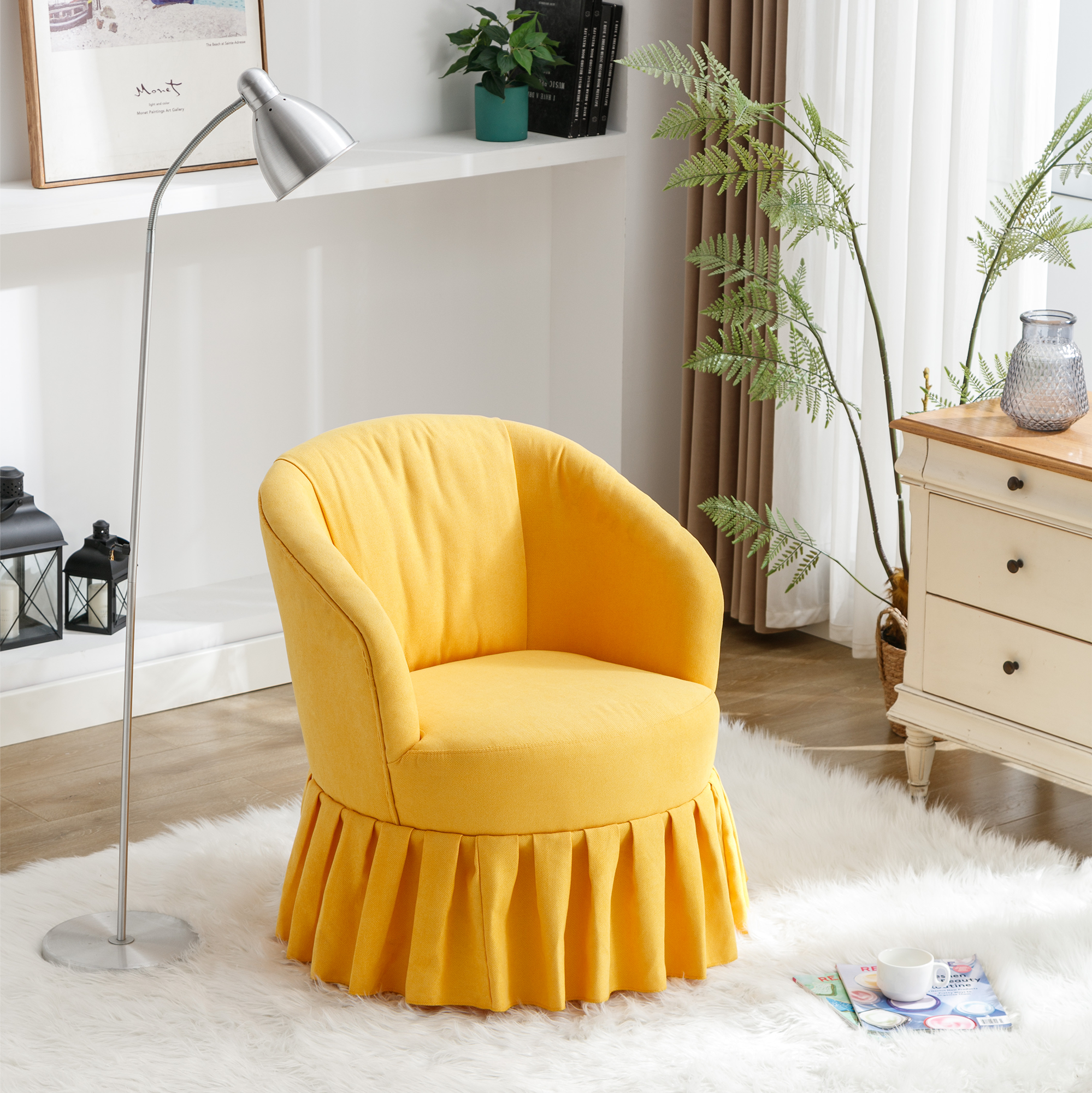 Linen Fabric Accent Swivel Chair Auditorium Chair With Pleated Skirt- Yellow_2
