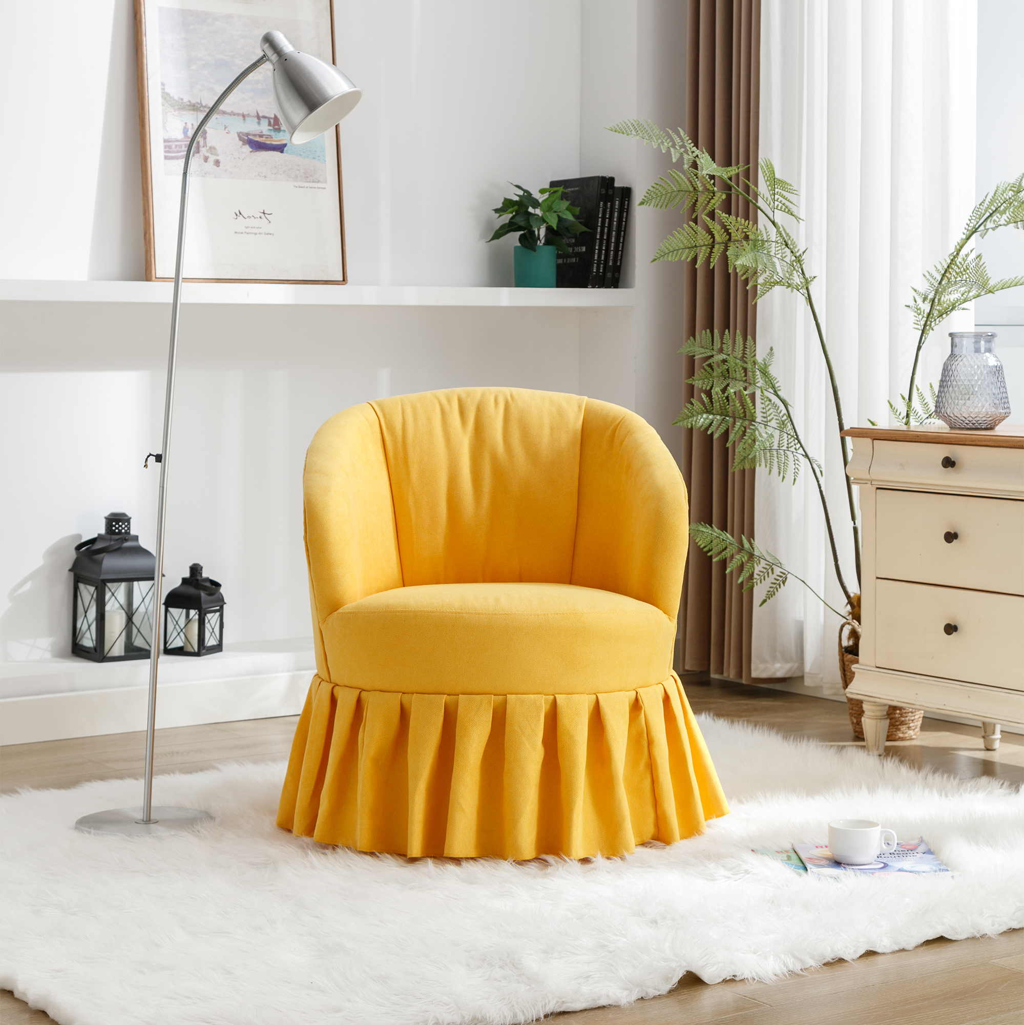 Linen Fabric Accent Swivel Chair Auditorium Chair With Pleated Skirt- Yellow_5