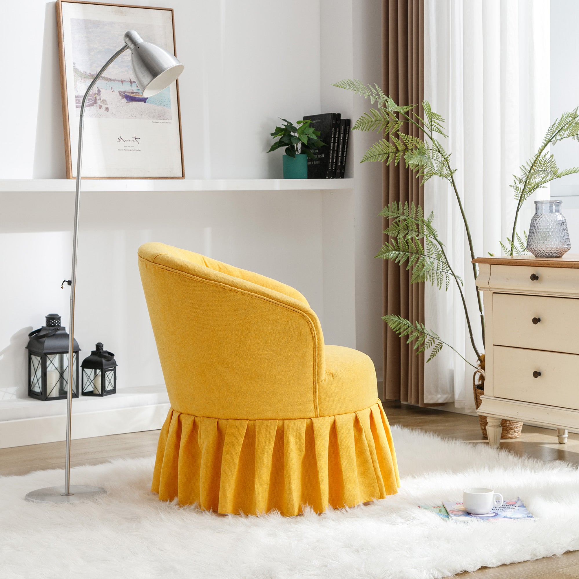 Linen Fabric Accent Swivel Chair Auditorium Chair With Pleated Skirt- Yellow_11