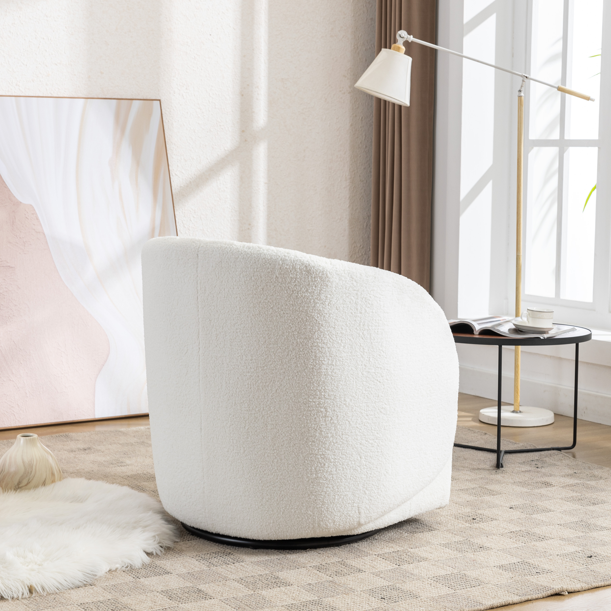 Modern Upholstered Teddy Fabric Curved Back Swivel Chair Accent Barrel Chair- Ivory_3