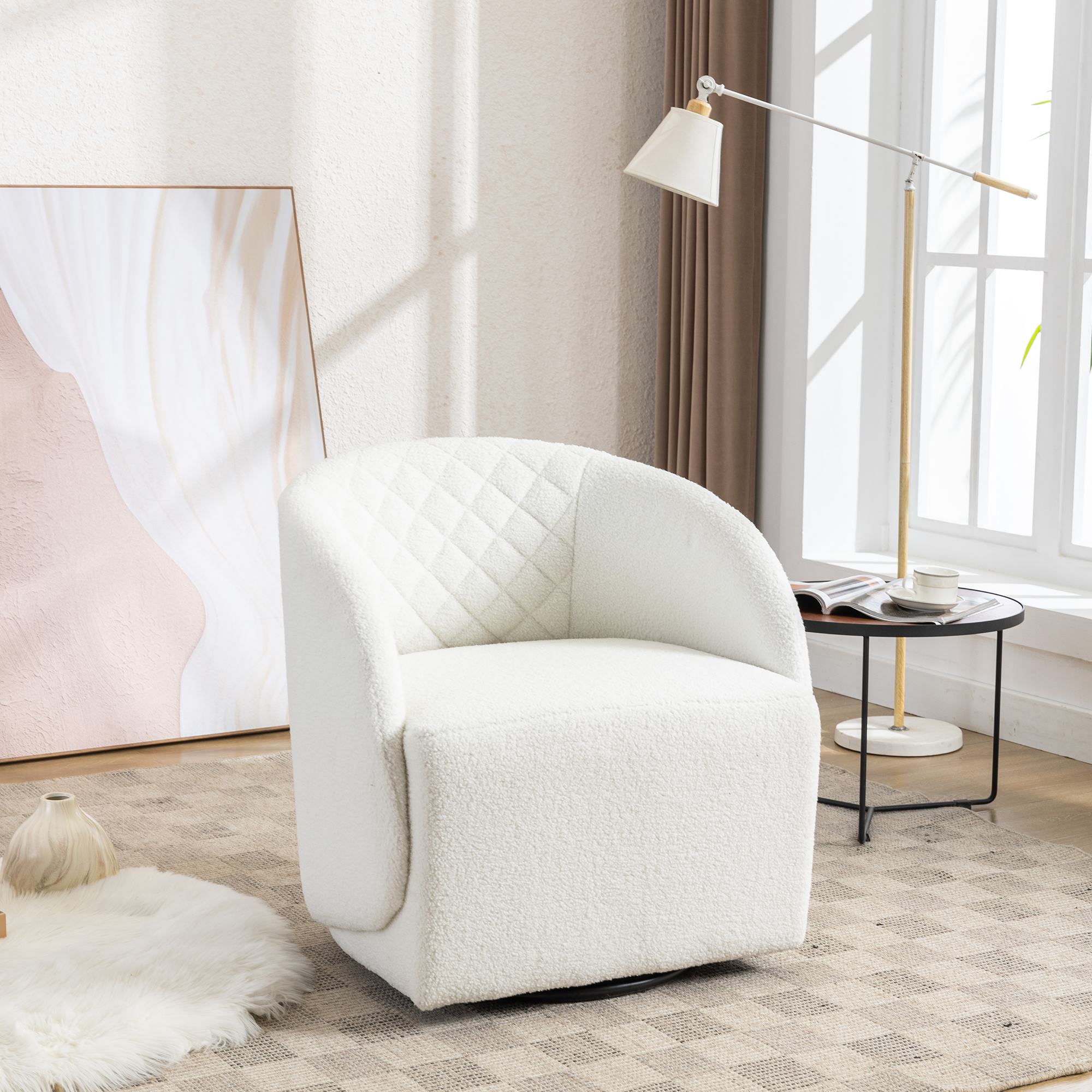 Modern Upholstered Teddy Fabric Curved Back Swivel Chair Accent Barrel Chair- Ivory_4