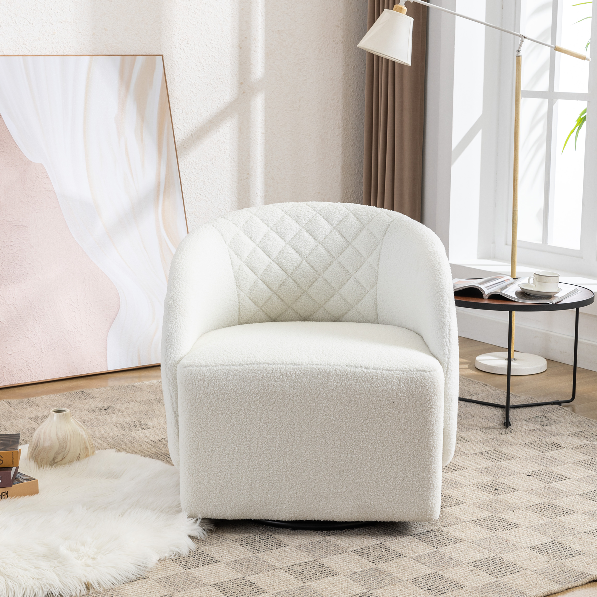 Modern Upholstered Teddy Fabric Curved Back Swivel Chair Accent Barrel Chair- Ivory_6