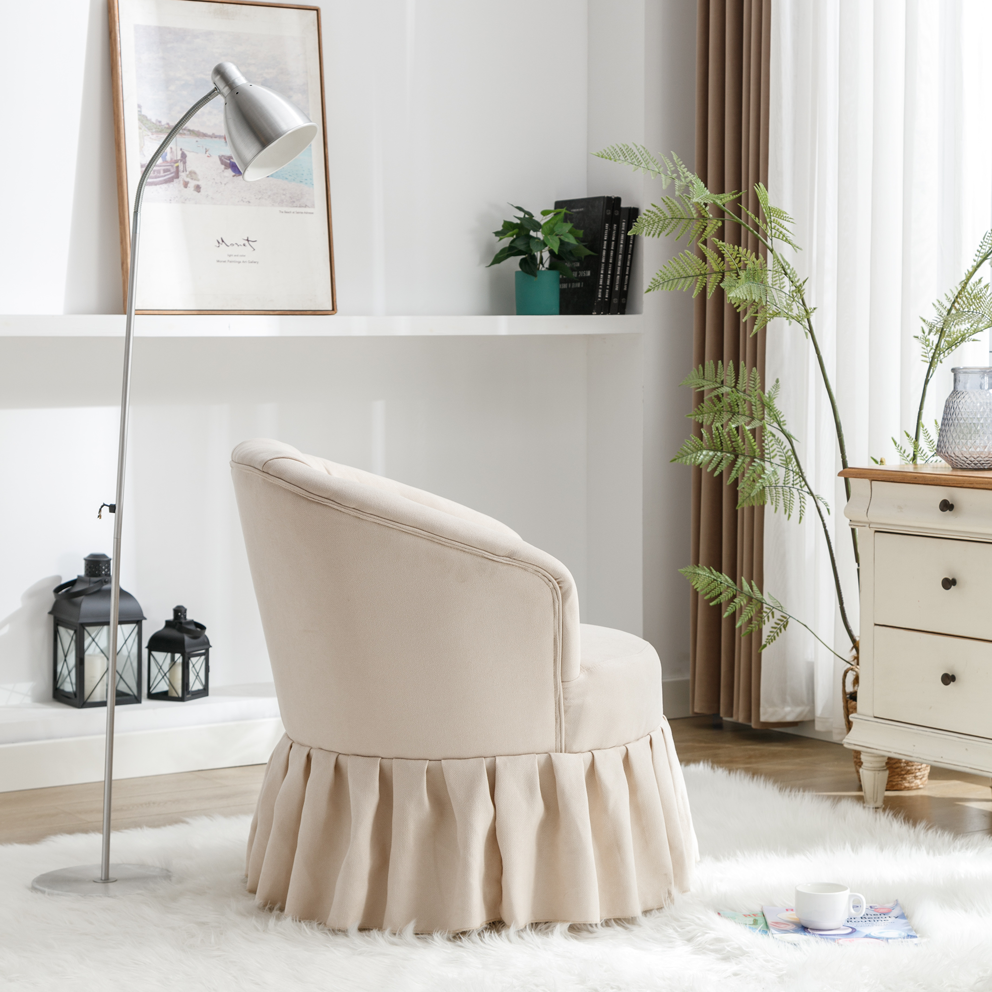 Linen Fabric Accent Swivel Chair Auditorium Chair With Pleated Skirt- Beige_3