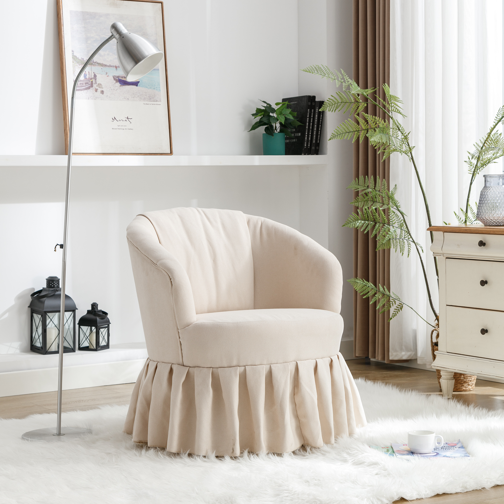 Linen Fabric Accent Swivel Chair Auditorium Chair With Pleated Skirt- Beige_1