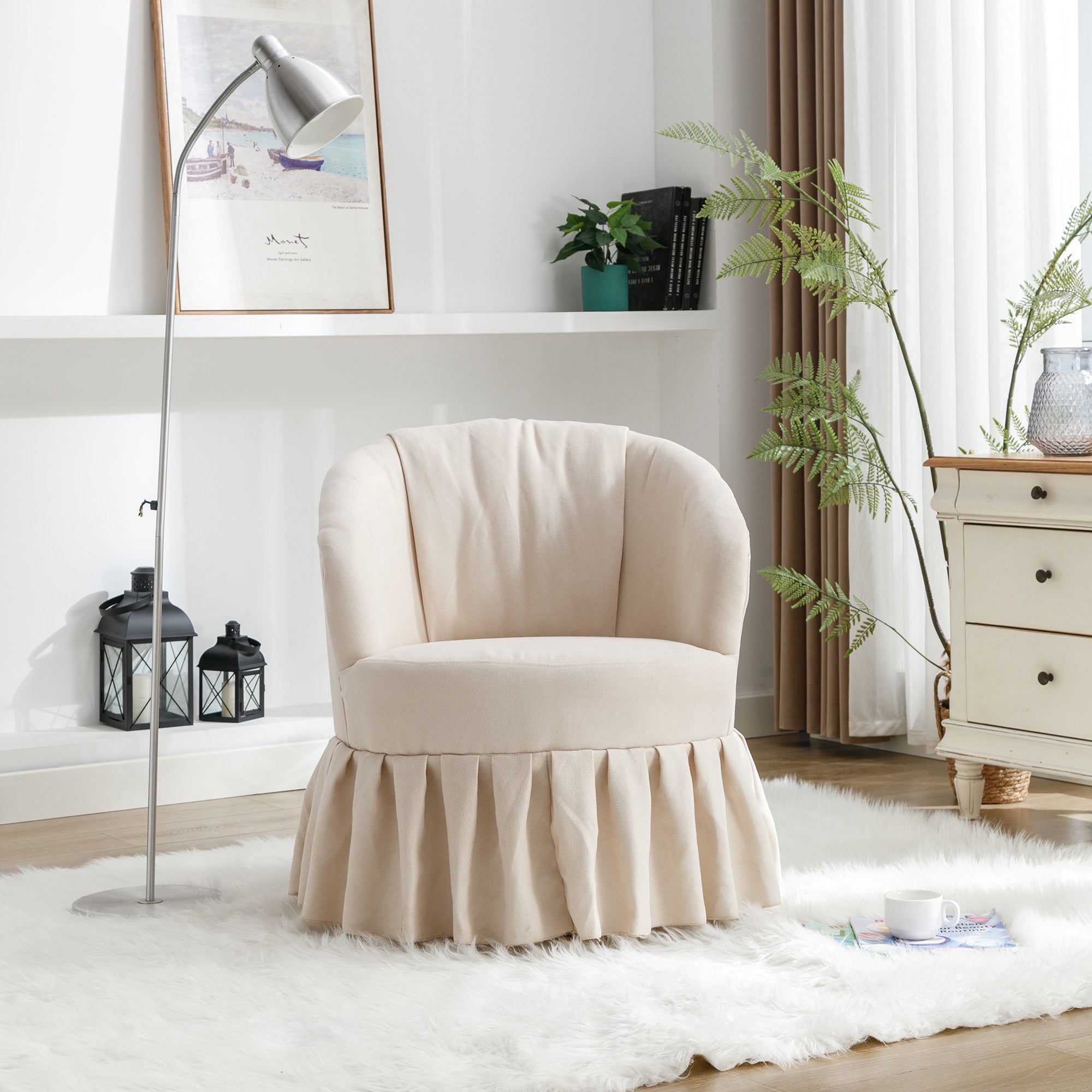 Linen Fabric Accent Swivel Chair Auditorium Chair With Pleated Skirt- Beige_10