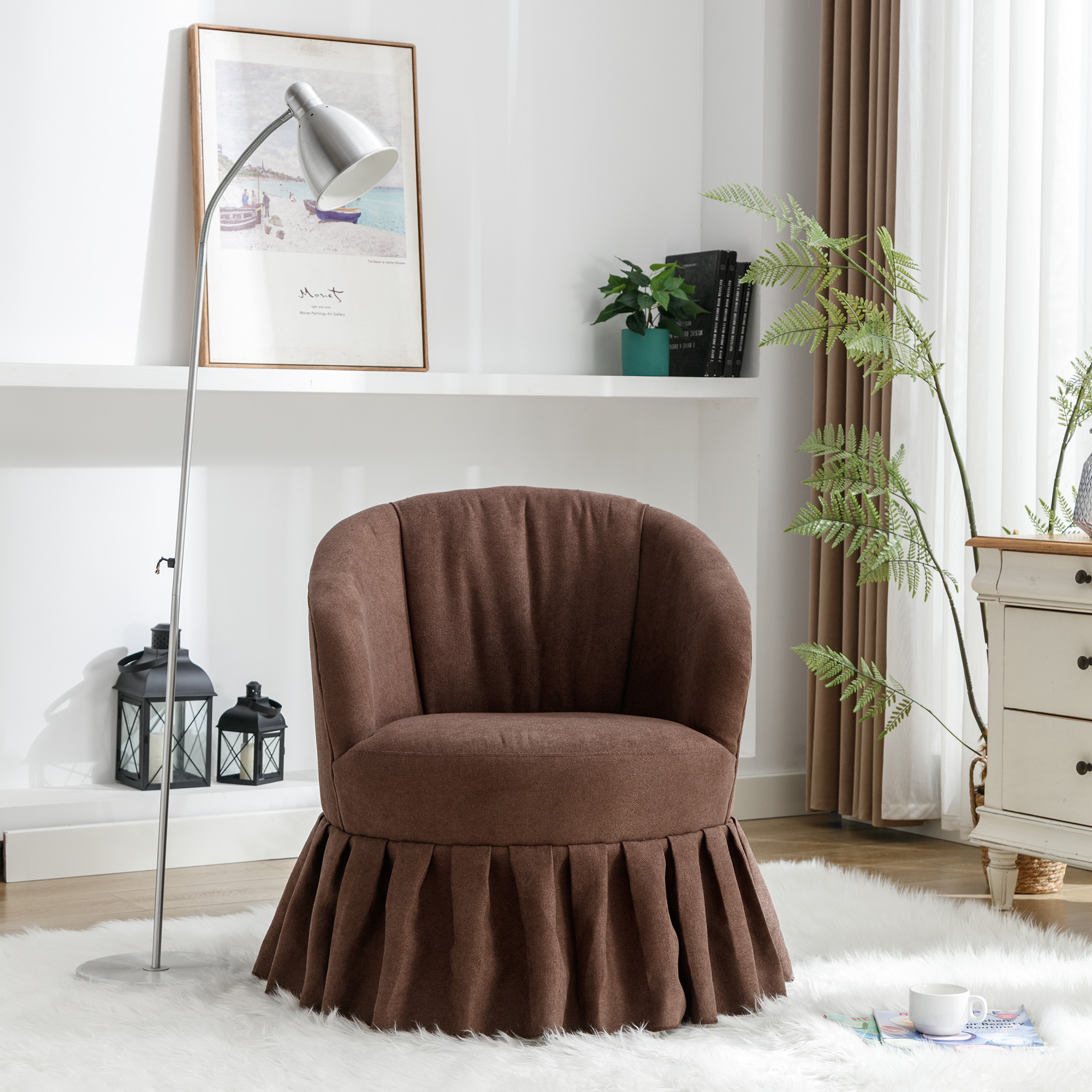 Linen Fabric Accent Swivel Chair Auditorium Chair With Pleated Skirt- Brown_4