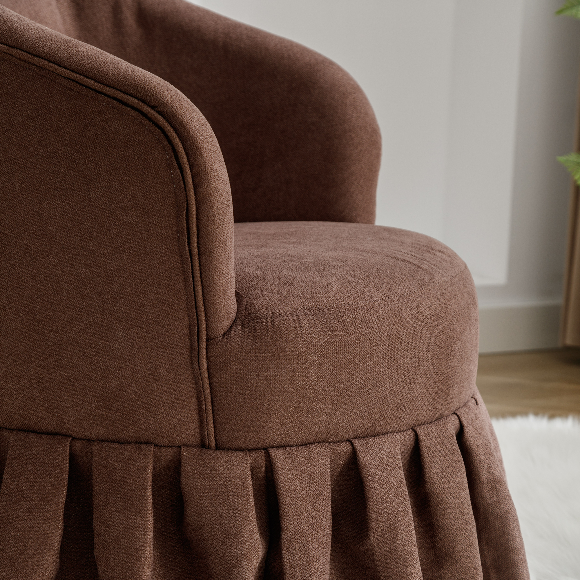 Linen Fabric Accent Swivel Chair Auditorium Chair With Pleated Skirt- Brown_5