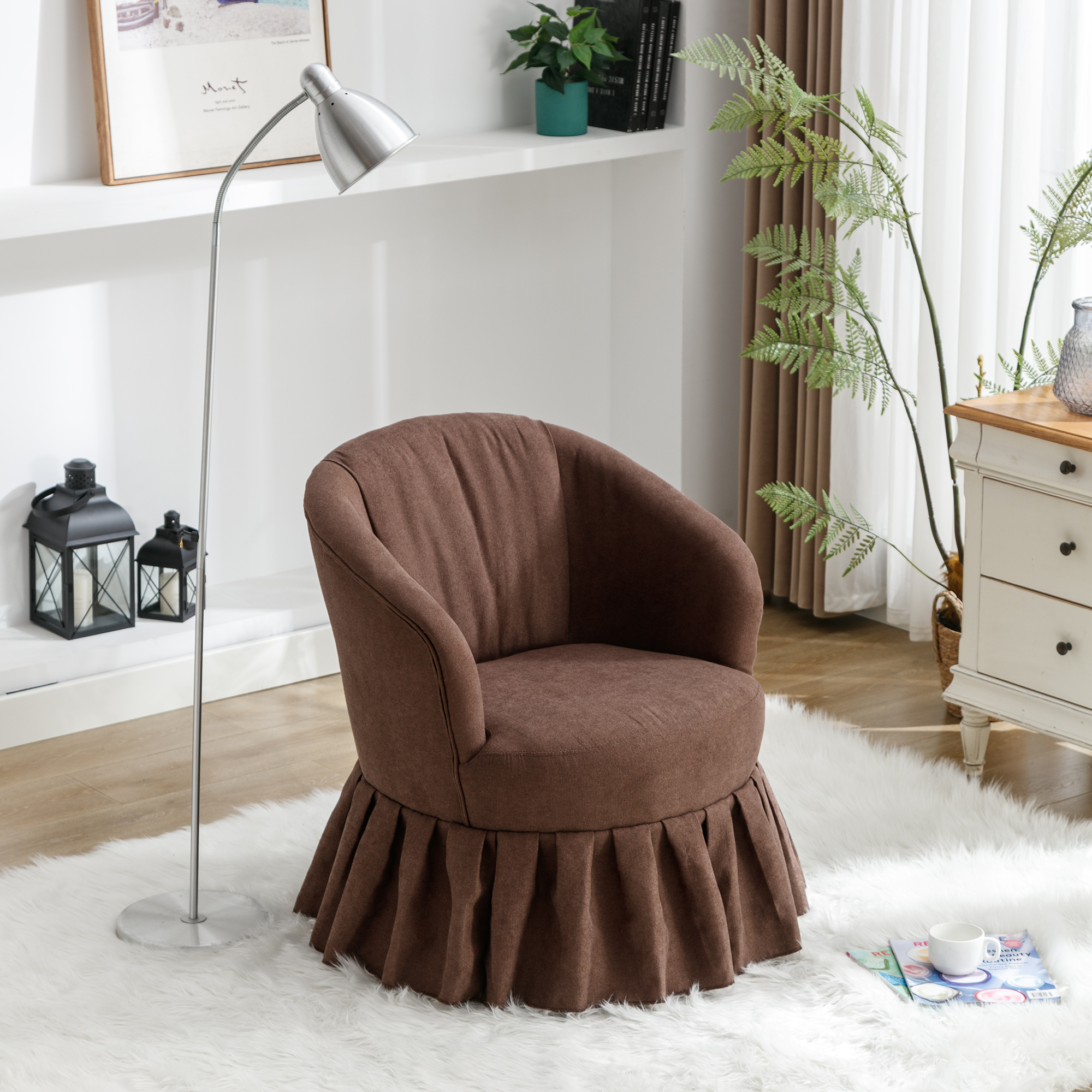 Linen Fabric Accent Swivel Chair Auditorium Chair With Pleated Skirt- Brown_6