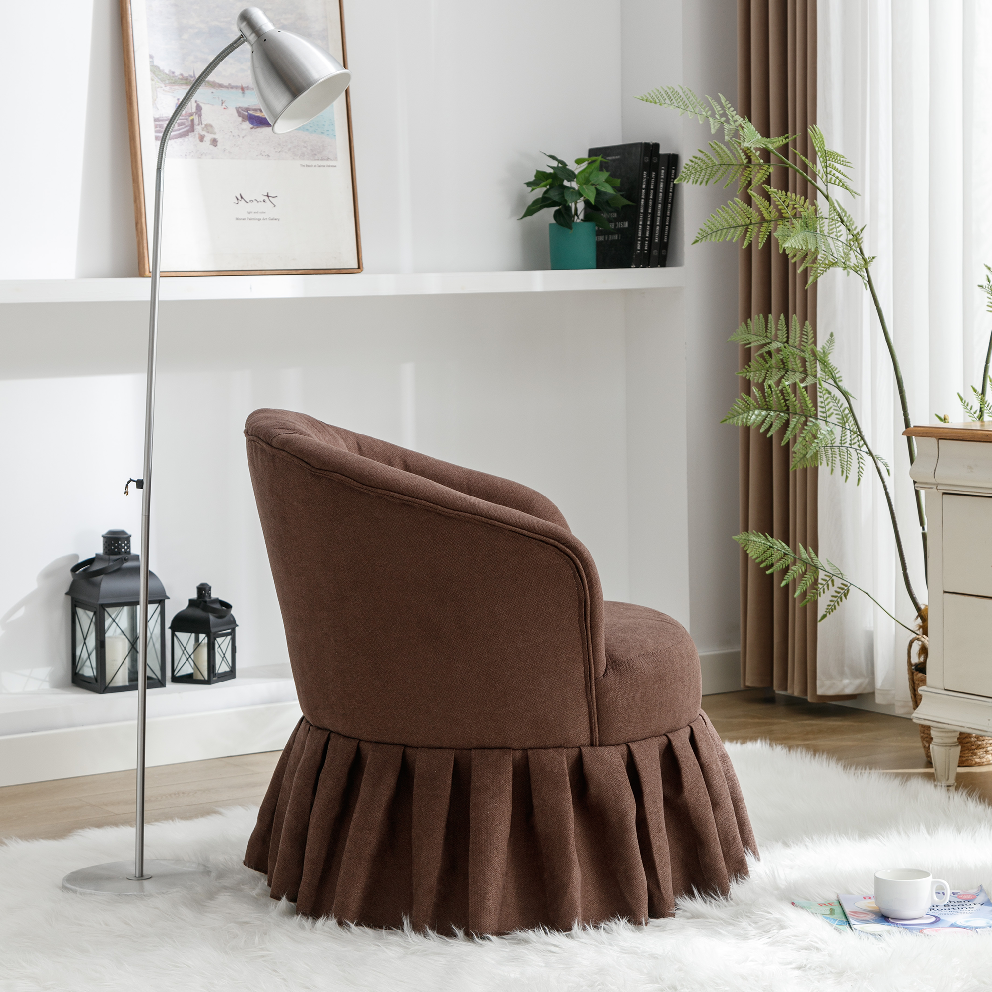 Linen Fabric Accent Swivel Chair Auditorium Chair With Pleated Skirt- Brown_8