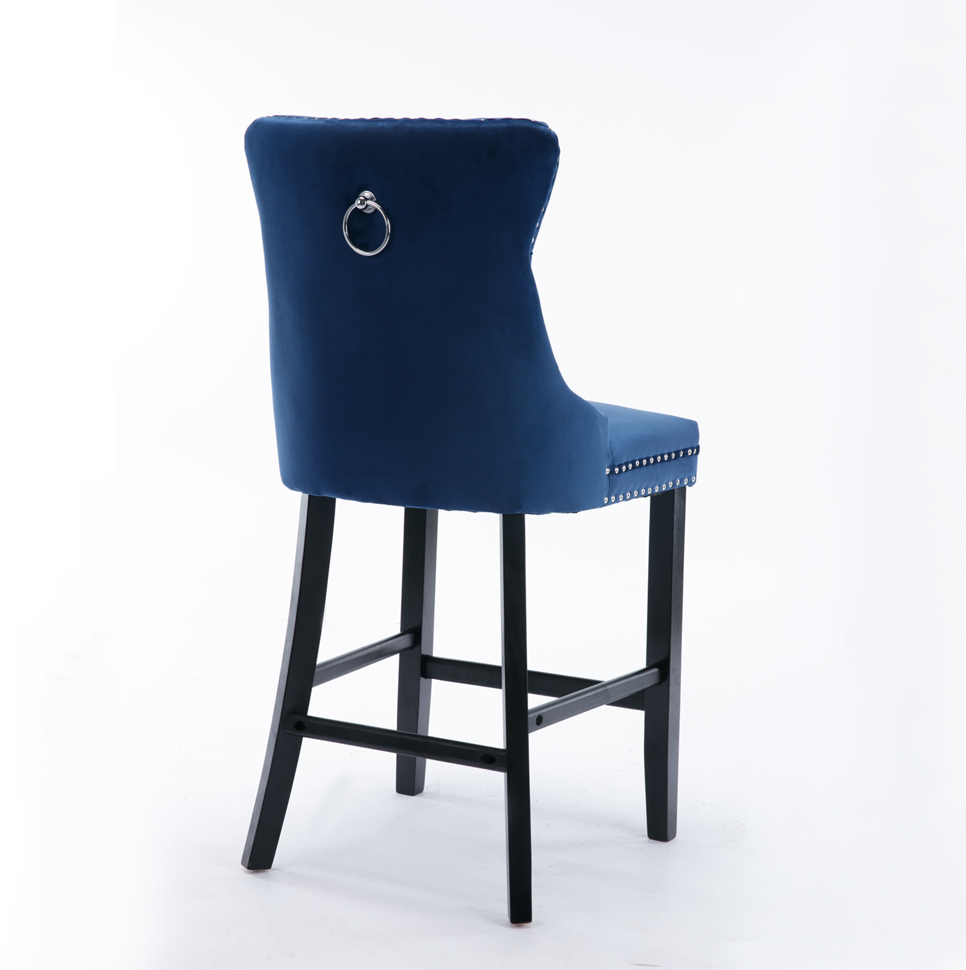 2 pcs High-End Chrome Detailed Tufted Contemporary Velvet Bar Stool with Wooden Legs- Blue, Black_2