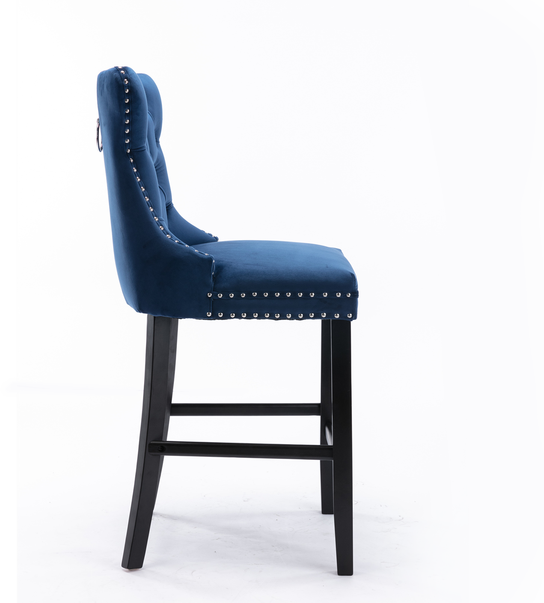 2 pcs High-End Chrome Detailed Tufted Contemporary Velvet Bar Stool with Wooden Legs- Blue, Black_3