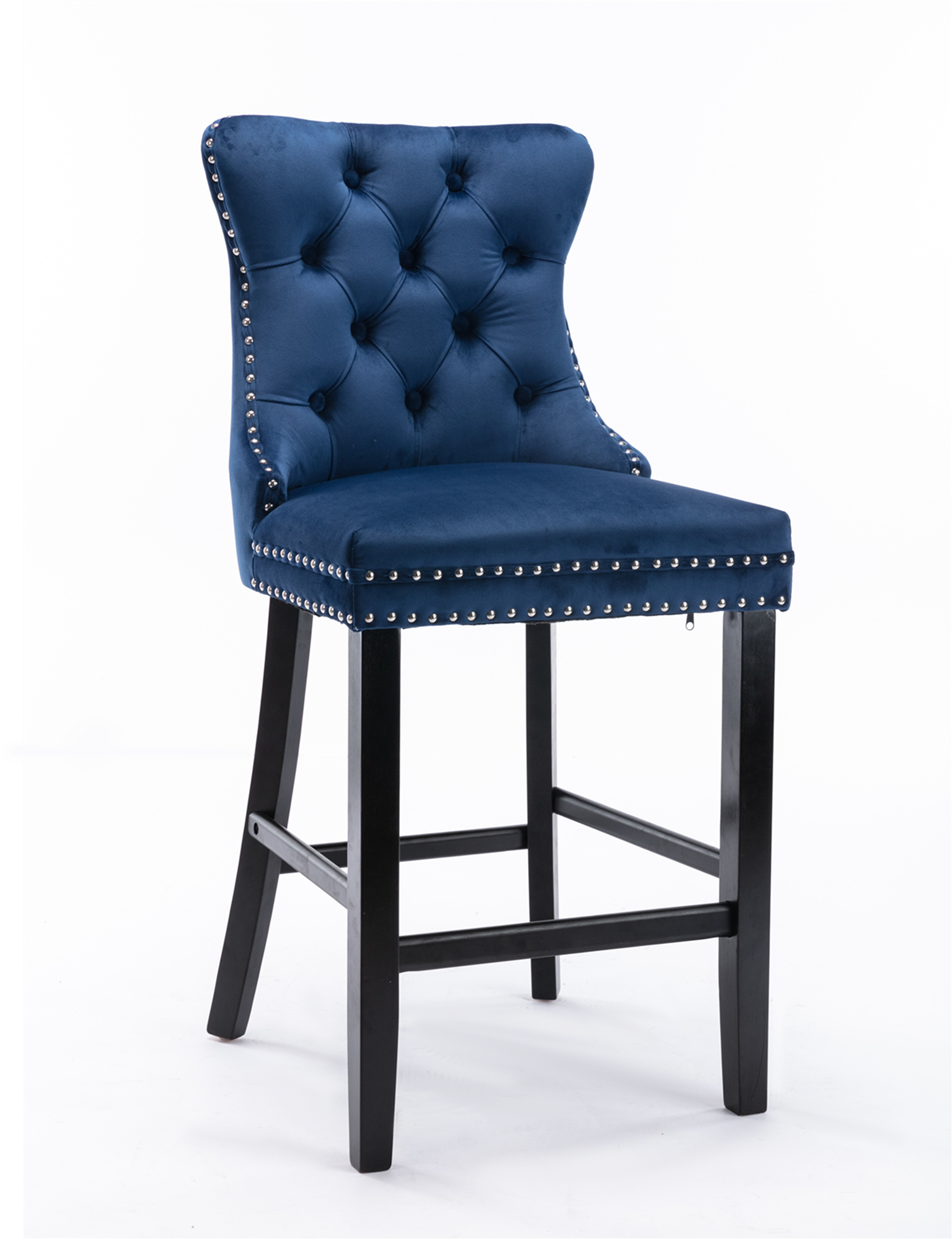 2 pcs High-End Chrome Detailed Tufted Contemporary Velvet Bar Stool with Wooden Legs- Blue, Black_4