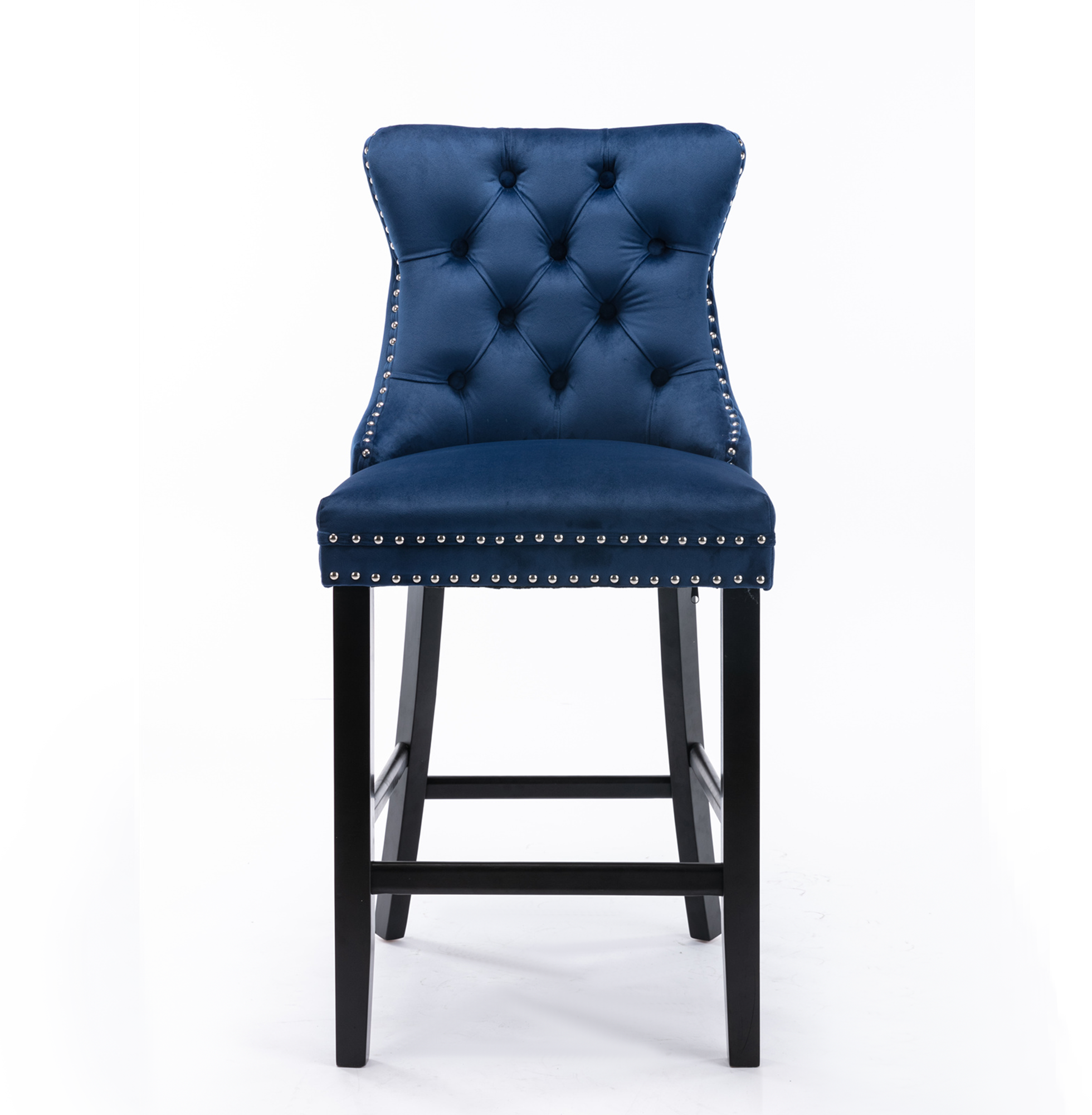 2 pcs High-End Chrome Detailed Tufted Contemporary Velvet Bar Stool with Wooden Legs- Blue, Black_5