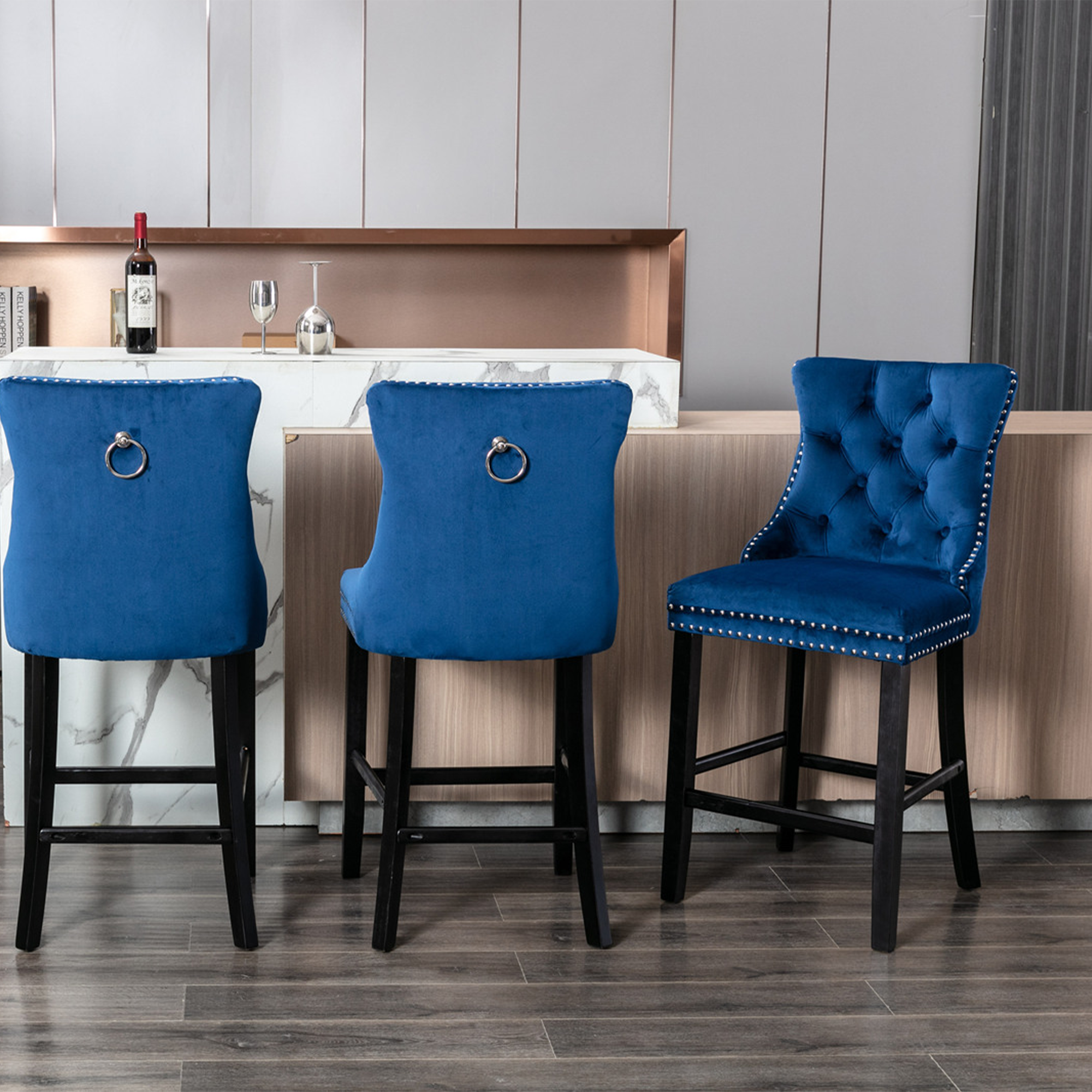 2 pcs High-End Chrome Detailed Tufted Contemporary Velvet Bar Stool with Wooden Legs- Blue, Black_7