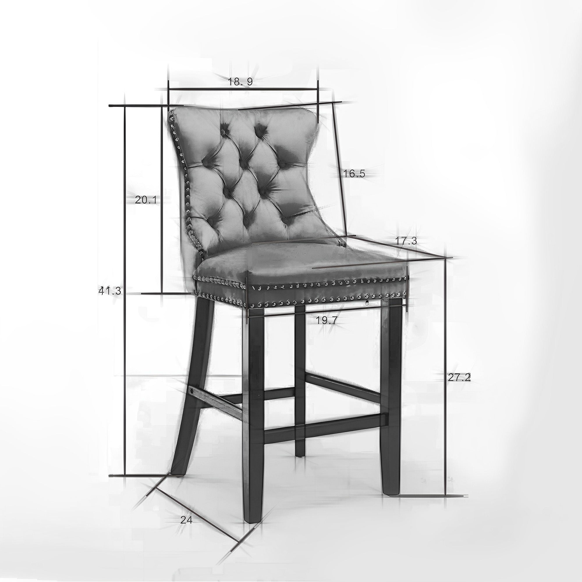 2 pcs High-End Chrome Detailed Tufted Contemporary Velvet Bar Stool with Wooden Legs- Blue, Black_8