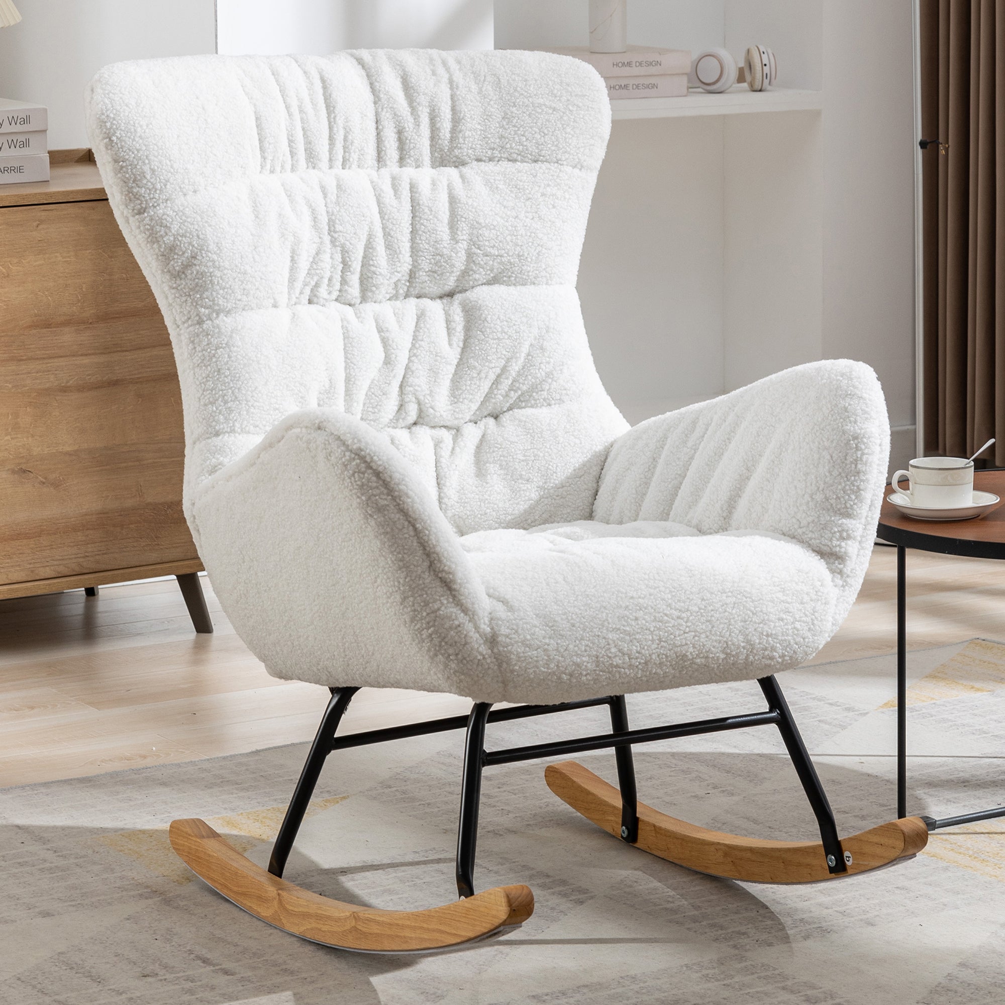 Modern Teddy Fabric Rocking Chair Accent Armchair with Wooden Legs- Ivory_1