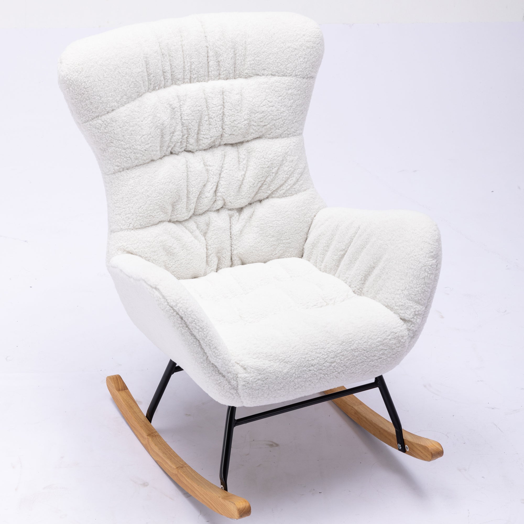 Modern Teddy Fabric Rocking Chair Accent Armchair with Wooden Legs- Ivory_5