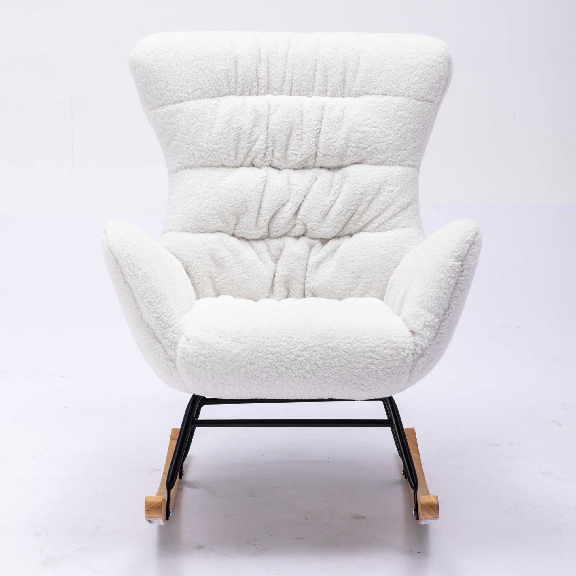 Modern Teddy Fabric Rocking Chair Accent Armchair with Wooden Legs- Ivory_7