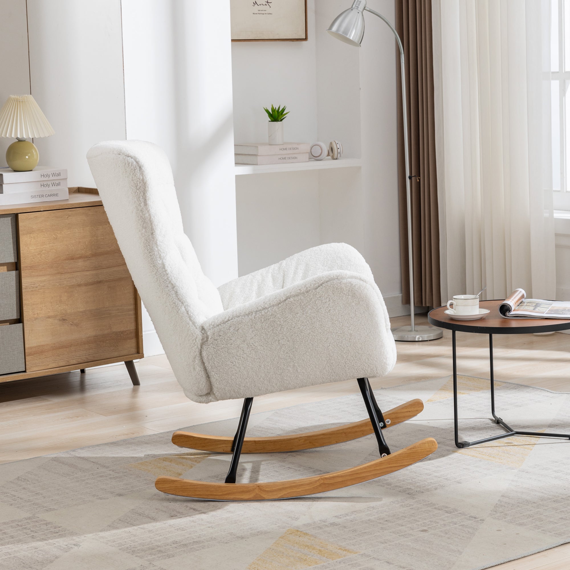 Modern Teddy Fabric Rocking Chair Accent Armchair with Wooden Legs- Ivory_9