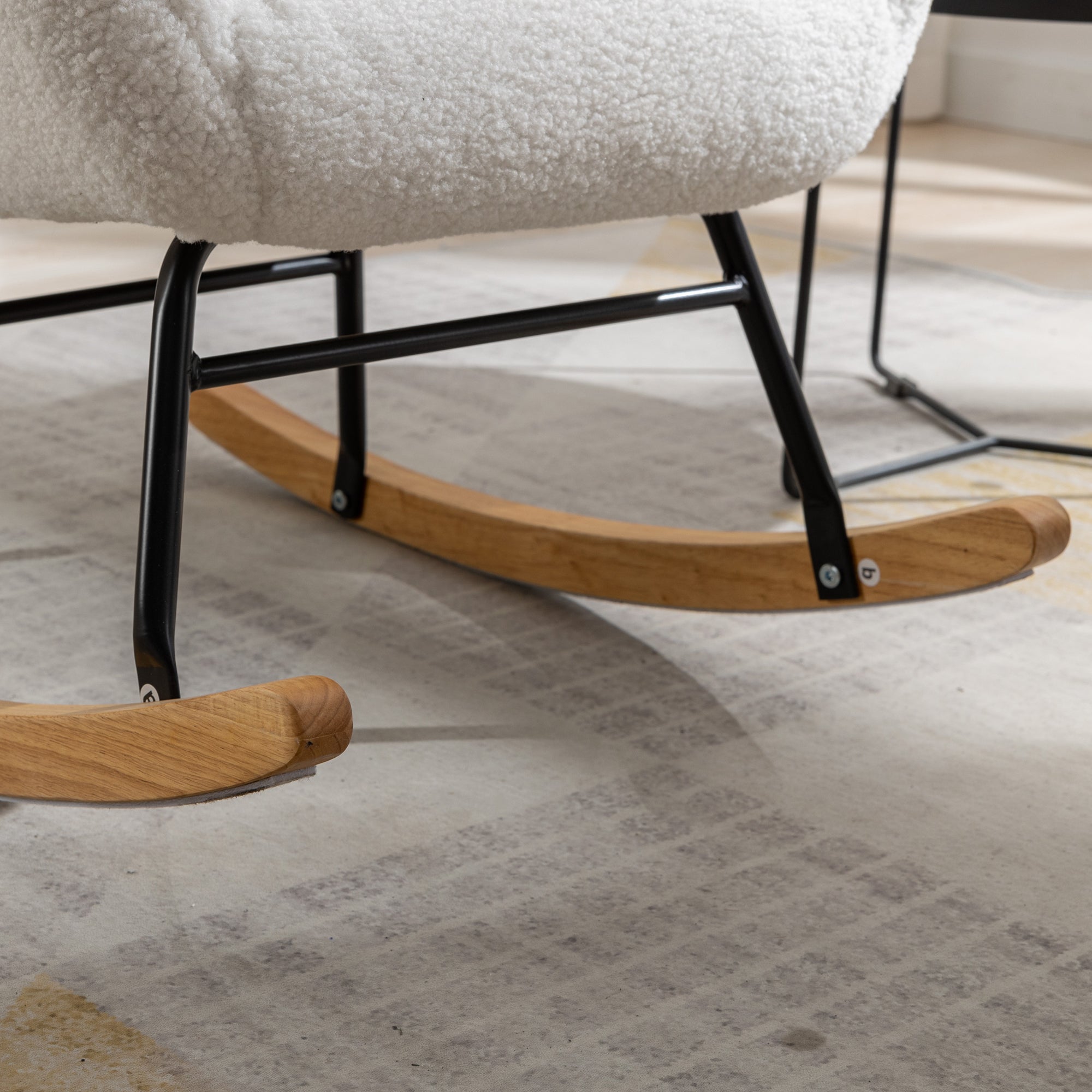 Modern Teddy Fabric Rocking Chair Accent Armchair with Wooden Legs- Ivory_10