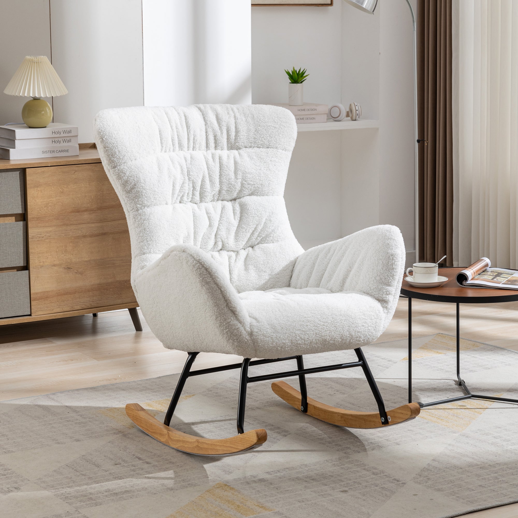 Modern Teddy Fabric Rocking Chair Accent Armchair with Wooden Legs- Ivory_12