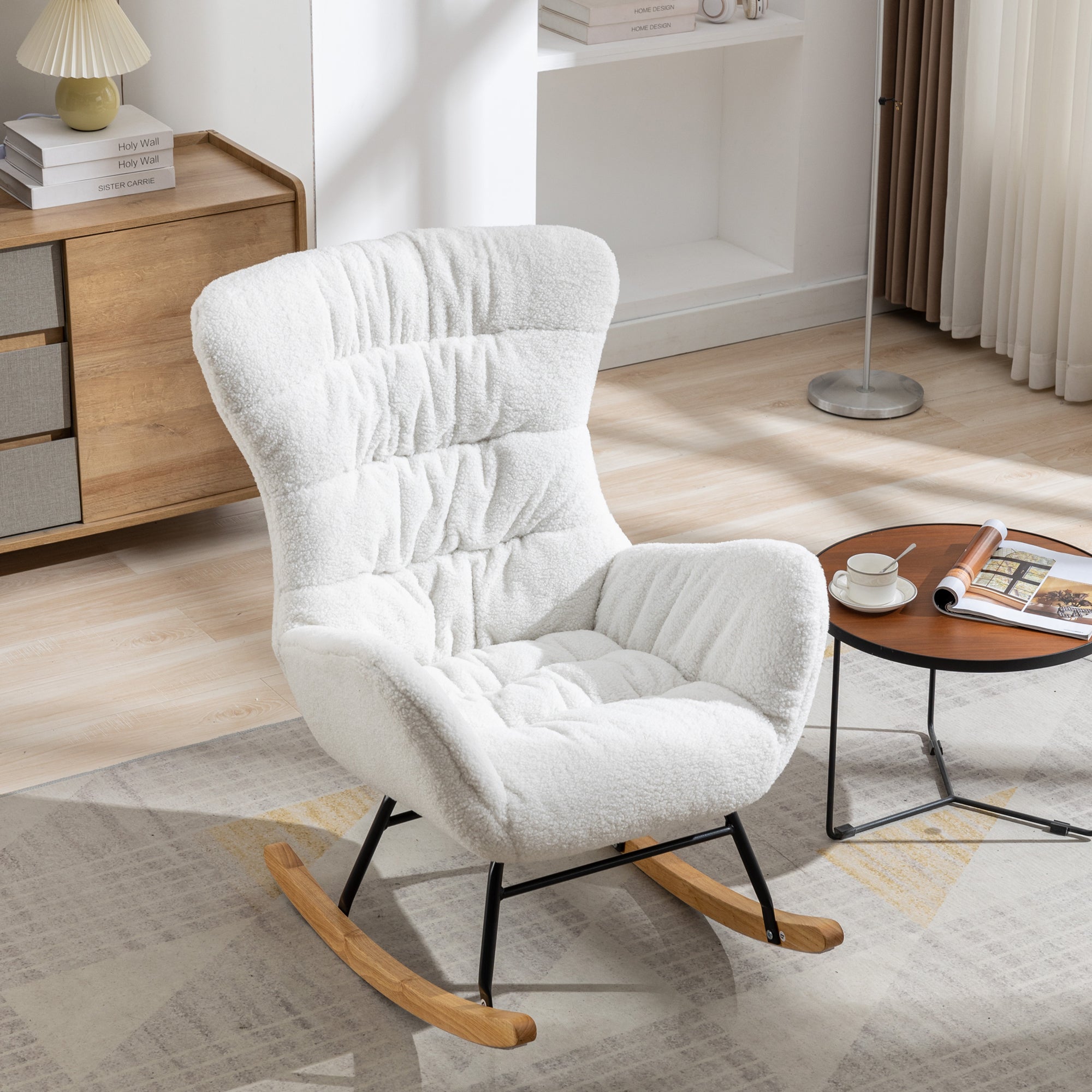Modern Teddy Fabric Rocking Chair Accent Armchair with Wooden Legs- Ivory_13